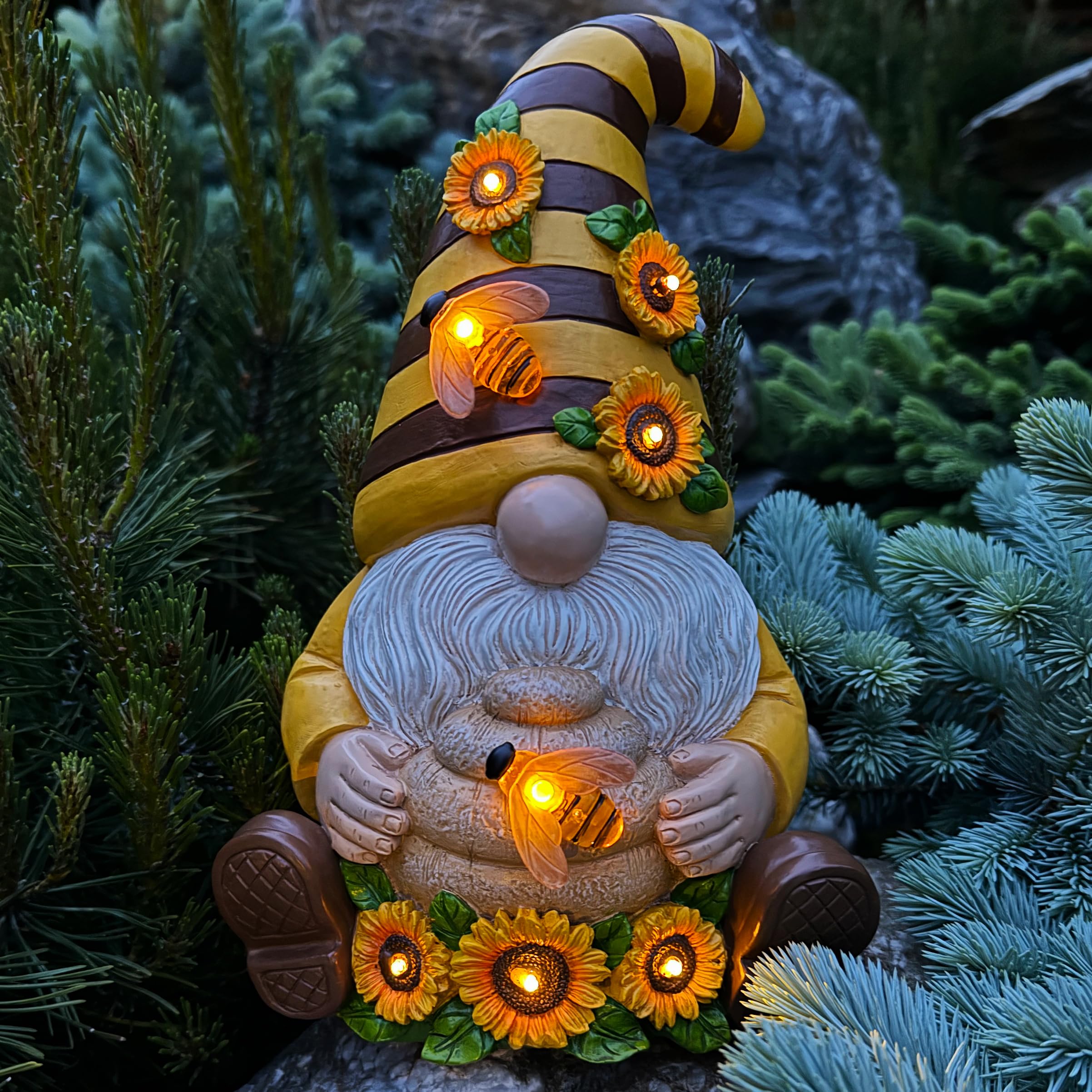 Mood Lab Garden Gnome - Solar Sunflower Bee Gnome Figurine - 9.3 Inch Honey Decor Outdoor Lawn Statue with LED Lights