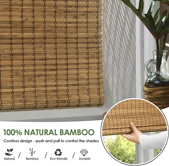 LazBlinds Cordless Bamboo Roman Shades, 29.5x64, Highfield Teak | Privacy Blinds for Interior Windows, Room Darkening Roll Up Bamboo Blinds for Home & Patio