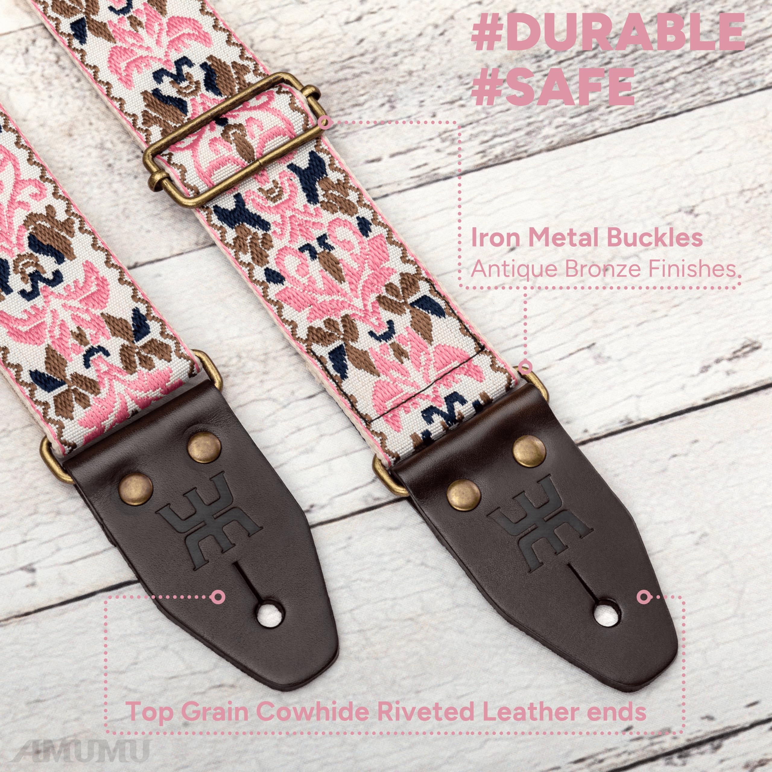 Amumu Pink Spades Heart Embroidery Guitar Strap, Vintage Style with Top Grain Cowhide Leather Ends & Pick Pocket, Fits Bass - Image 2