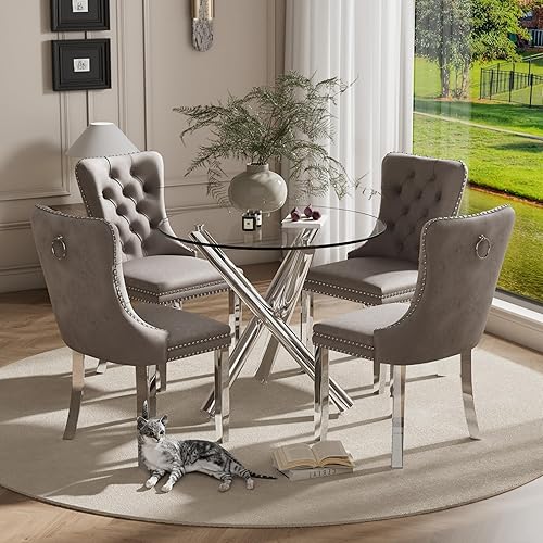 Miniatura 65 de Juego de mesa de comedor redonda dorada de 5 piezas, moderno juego de cocina circular de lujo para 4, 36 pulgadas, transparente, minimalista