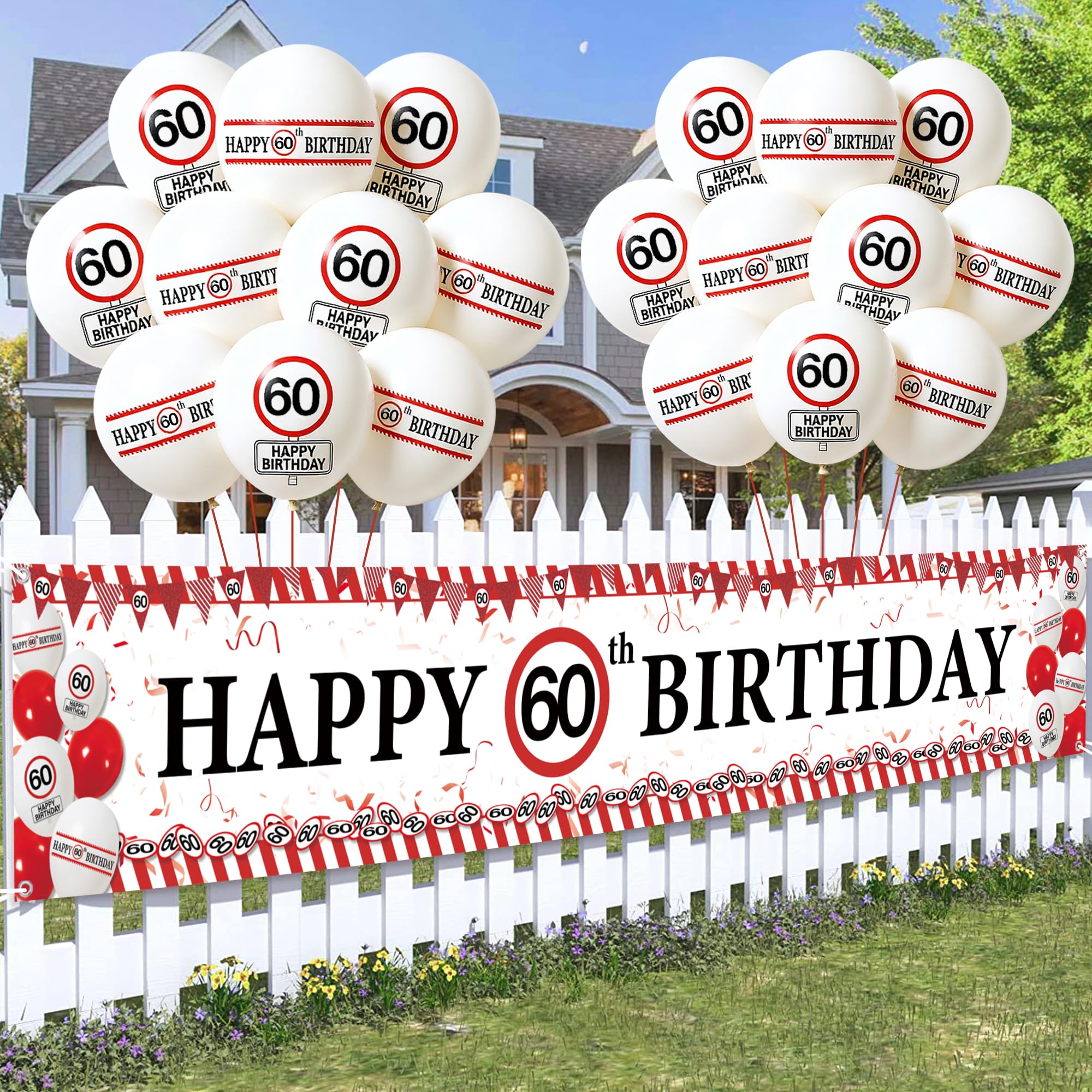Tasoraor Deko 60 Geburtstag Frauen Männe - Große Happy 60 Birthday Banner und Rot Weiße Luftballons, Lustige Verkehrsschild Design Partyzubehör für 60 Jahre Geburtstagsdeko