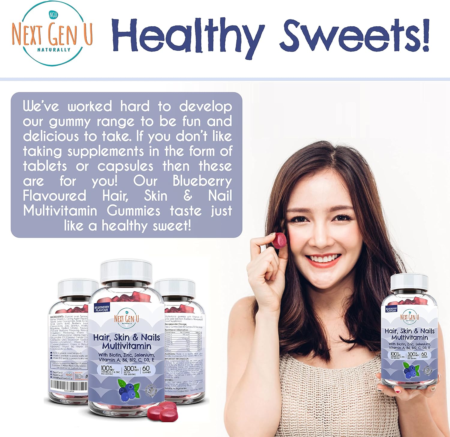 Hair Skin & Nails Multivitamin 60 Gummies Contains 300 NRV Biotin