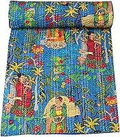 Vista 13 de Marubhumi Colcha de algodón puro Kantha con diseño tradicional indio de Farida (beige, individual (60 x 90 pulgadas)