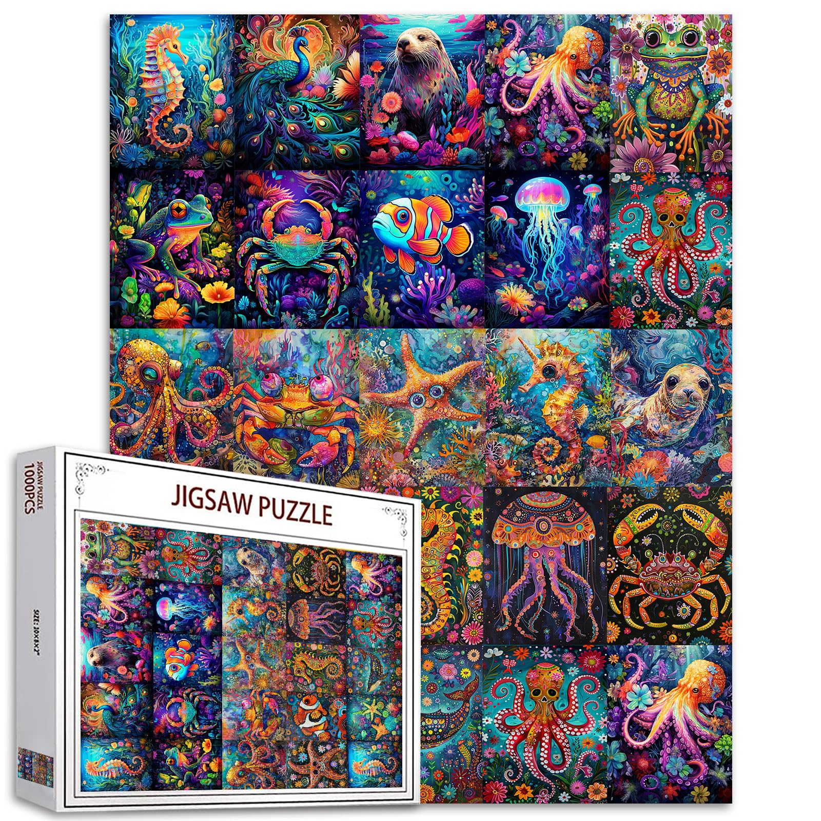 Ocean Animals 1000 Piece Jigsaw Puzzles for Adults Underwater Wildlife(Seahorse,Starfish,Jellyfish,Whale)Puzzles Challenging Family Activity Games DIY Craft Puzzle for Home Decor Gifts 27 x 20 Inches