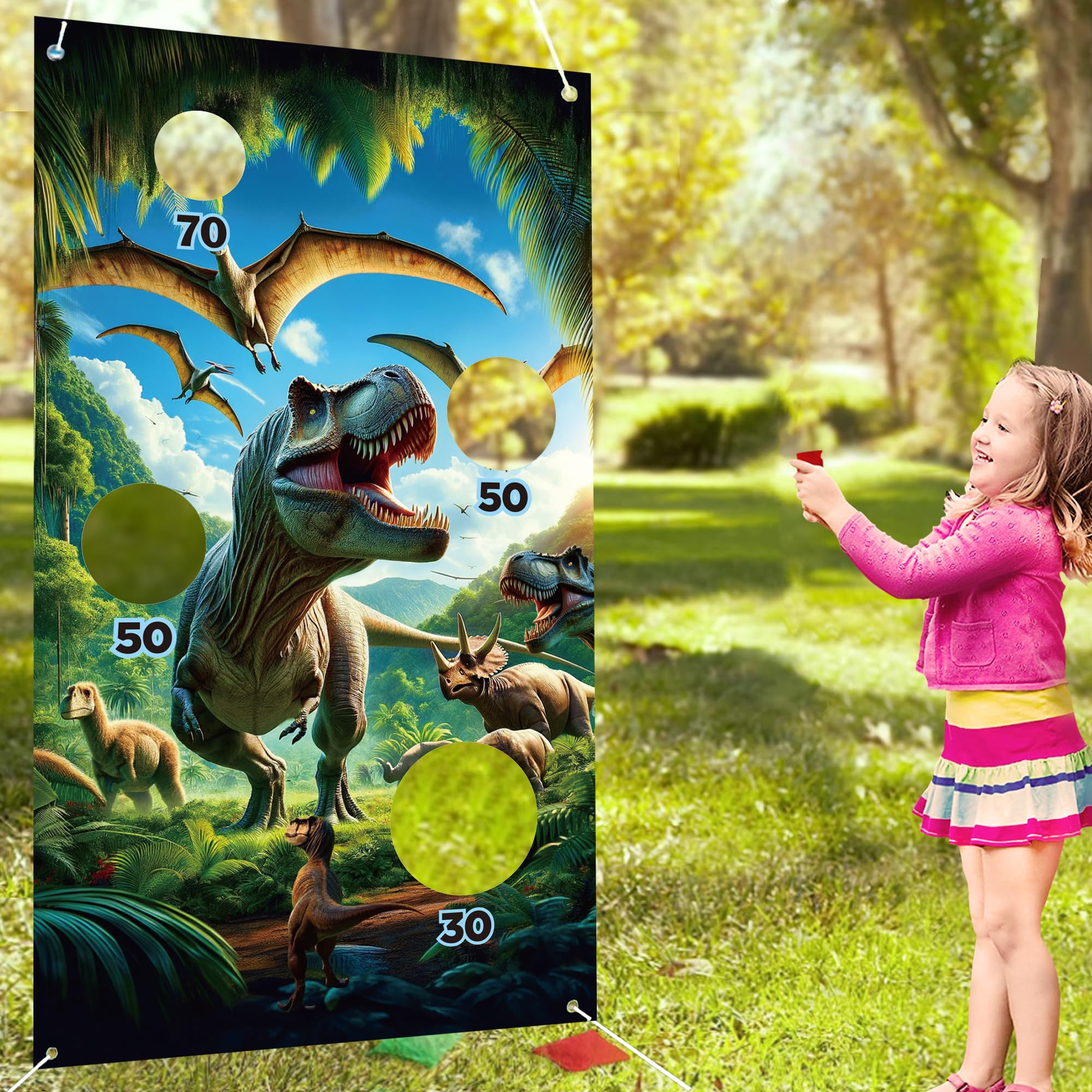 Dinosaur World Toss Game Banner with 4 Bean Bags, for Tropical Rainforest Dinosaur Photo Door Banner Party Decorations Supplies, Dinosaur Hanging Banner Fun Activities Throwing Game