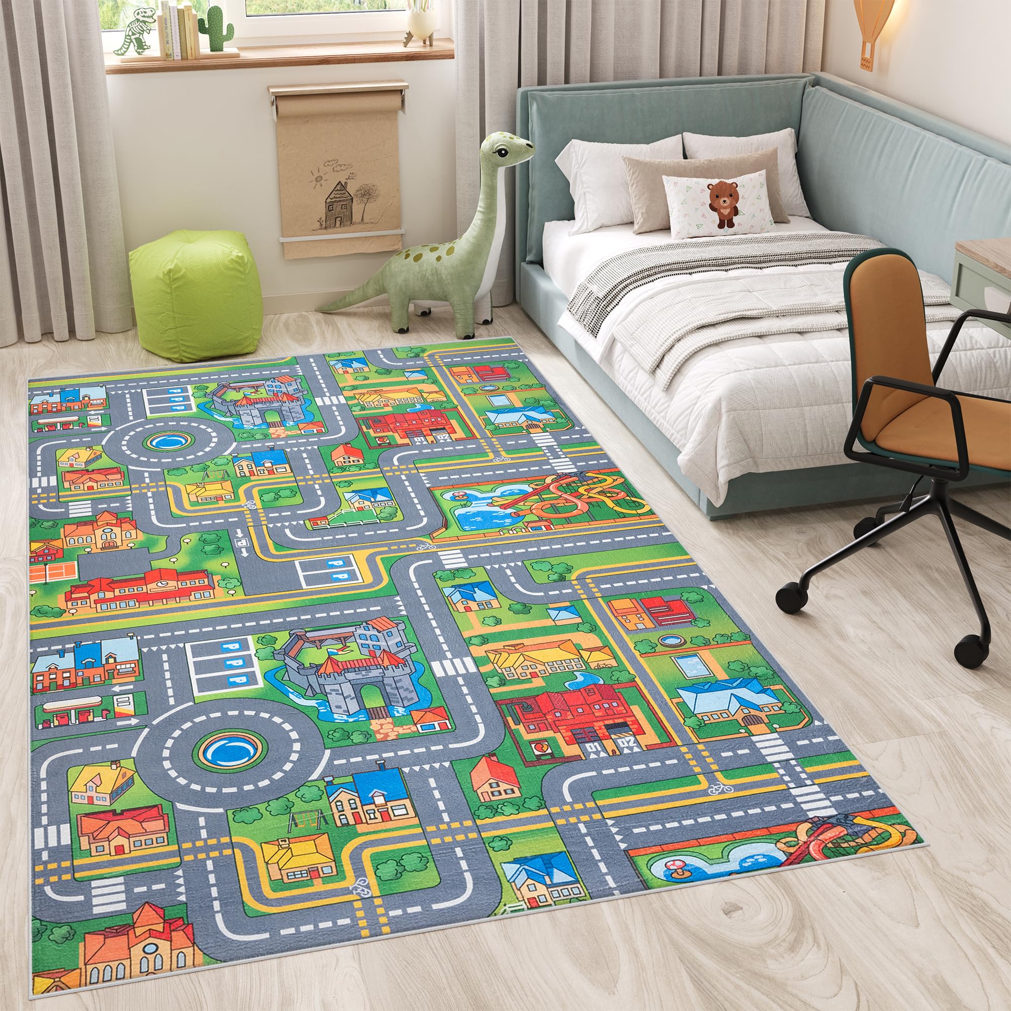 TAPISO Flannel Alfombra Antideslizante Lavable Diseño Moderno Carretera de Coches Gris Verde Alfombra Infantil para Niños Alfombra de Juegos Oeko-Tex 140 x 200 cm