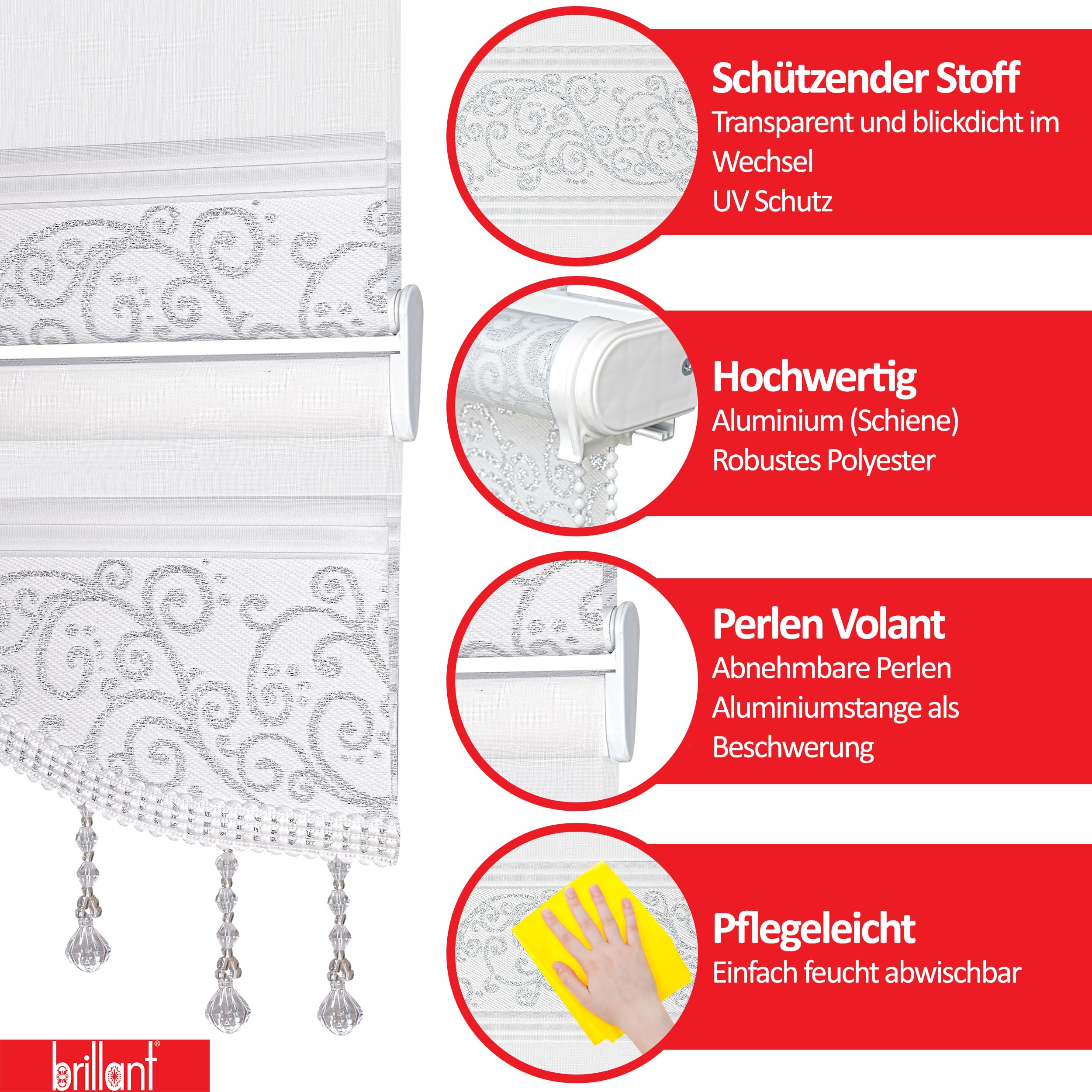 Brillant Doppelrollo Klemmfix ohne Bohren Weiß Silber 200 x 110 cm (Länge x Breite) Duorollo Blickdicht mit Perlen, glitzert, Raffrollo Fenster Tür Zebra Perde Klemmrollo Seitenzugrollo