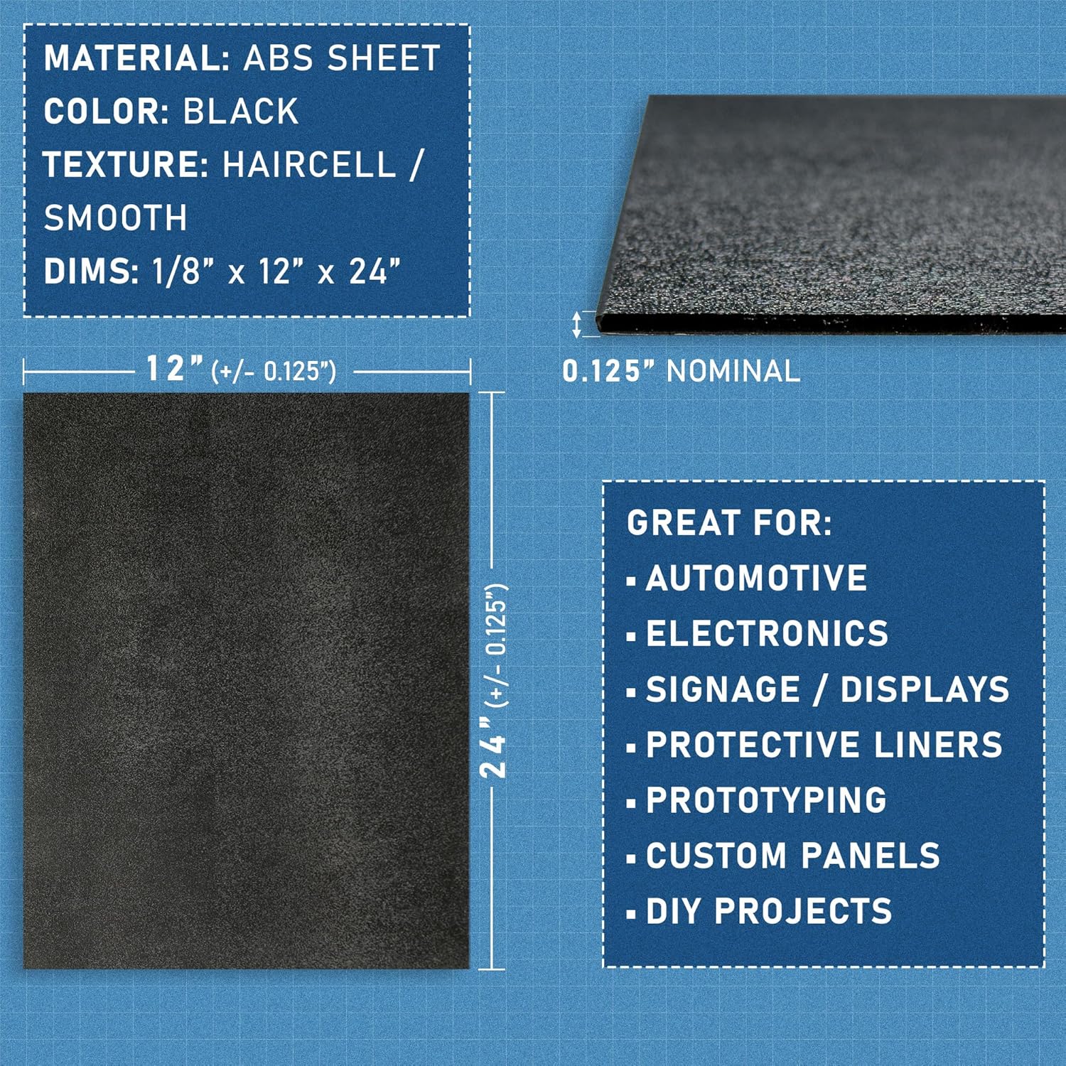 Black ABS Plastic Sheet, 1/8" Thick for DIY Projects (Automotive, Crafts, Repair, Molding) (2, 12 x 24)