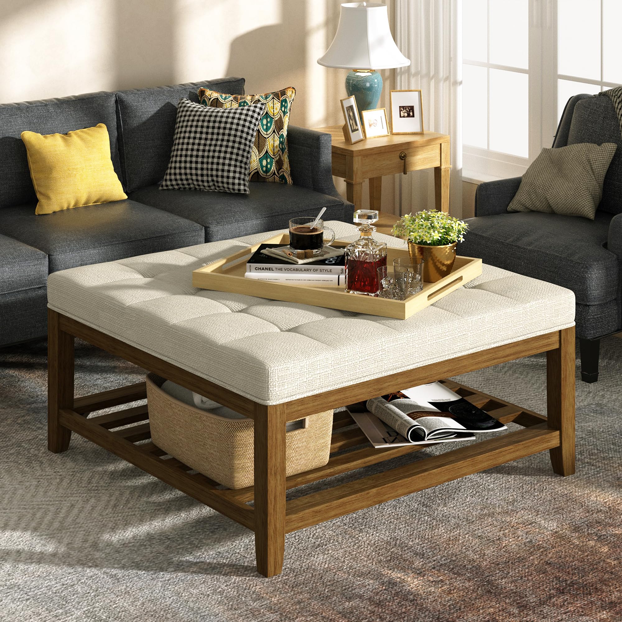 Large Square Ottoman Coffee Table, Linen Solid Upholstered Footrest Ottoman with Solid Wood Shelf Storage Tufted Coffee Table for Bedroom Living Room, Ivory