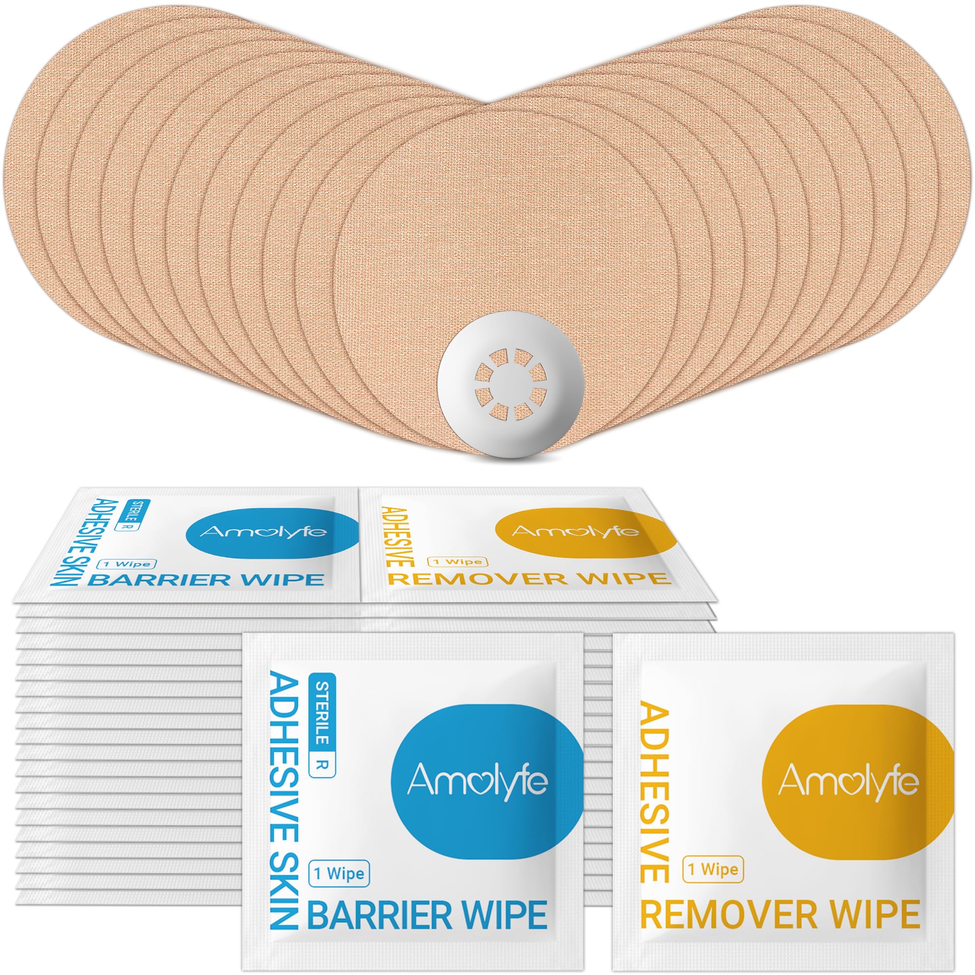 AmolyfeLibre 3 Sensor Covers Solution Kit - 20 Pack Libre 3 & Plus Covers Waterproof, 20 Skin Barrier Wipes & 20 Adhesive Remover Wipes for Enhanced Adhesion & Skin Protection (Tan)