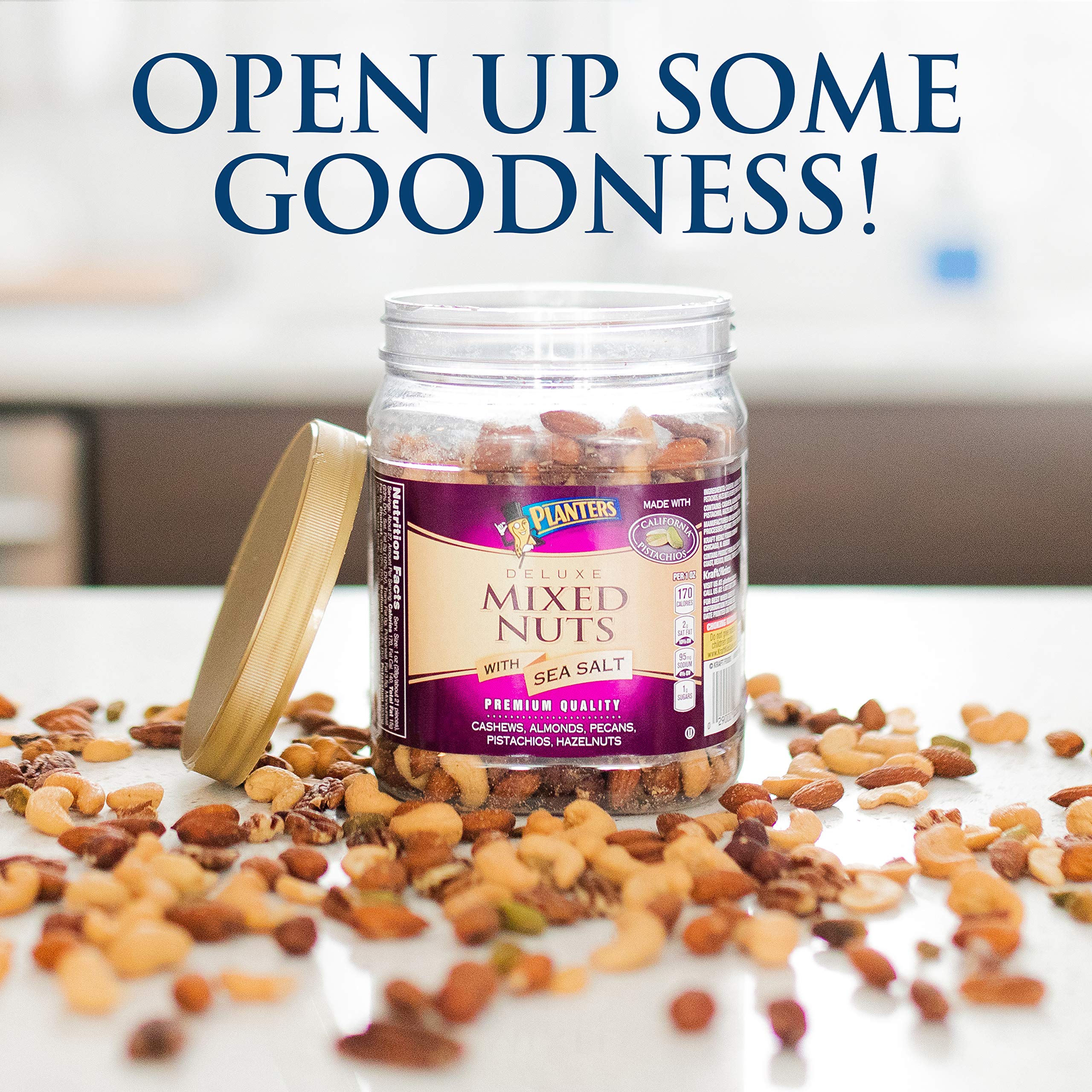 PLANTERS Deluxe Salted Mixed Nuts, Resealable Canister Contains Cashews, Almonds, Pecans