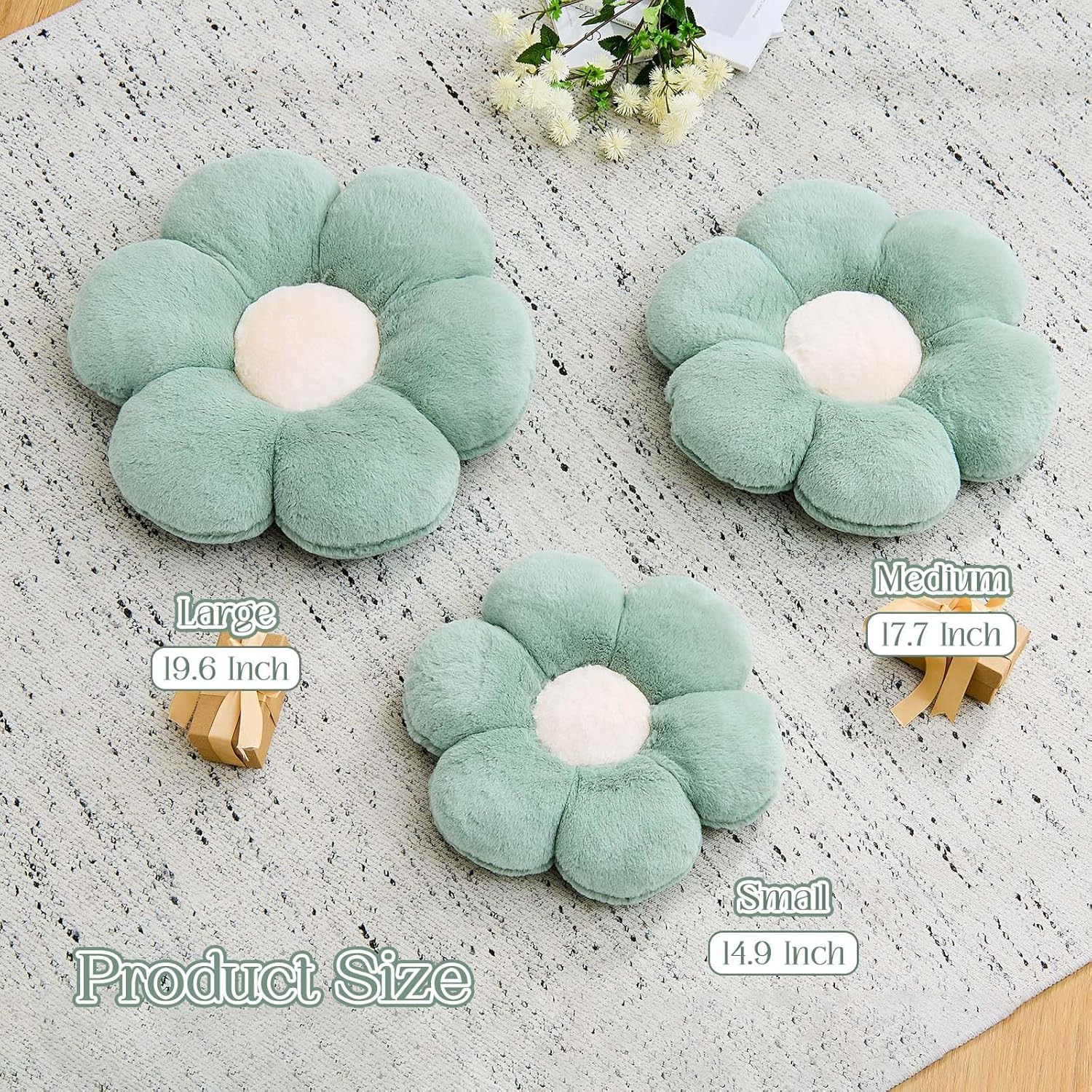 Kcvvcr Flower Pillow Cute Decorative Throw Pillow with Faux Rabbit Fur Soft Daisy Plush Floor Cushion Aesthetic Flower Shaped Pillow Home Decor for Bed Sofa Couch (Sage Green, 19.6 Inch)
