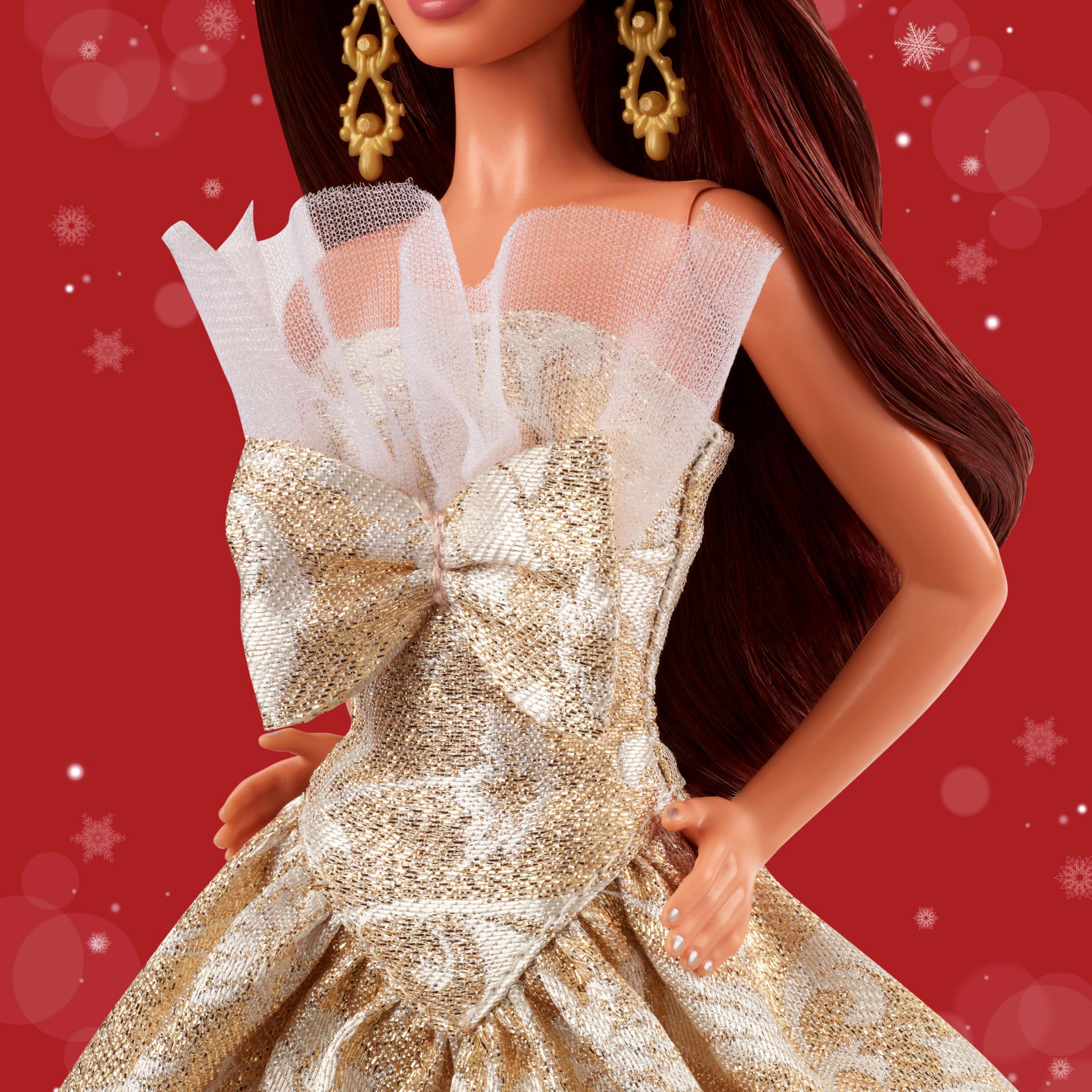 Barbie Vrolijk kerstpop 2025, iconische blonde pop met agent- en gouden jurk, verzamelpop voor feestjes, met presentatieverpakking en sokkel, JBJ00