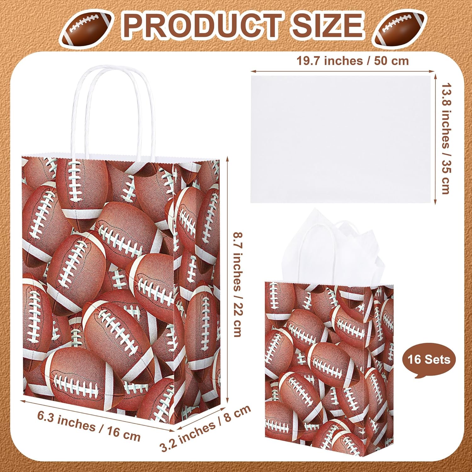 MIMIND 16 Pieces Football Gift Bags Tissue Paper 8.7 x 6.3 x 3.2 Inches Football Favor Bags with Handles Goodie Candy Treat Bag for Birthday, Sports Themed Party Supplies - Image 2