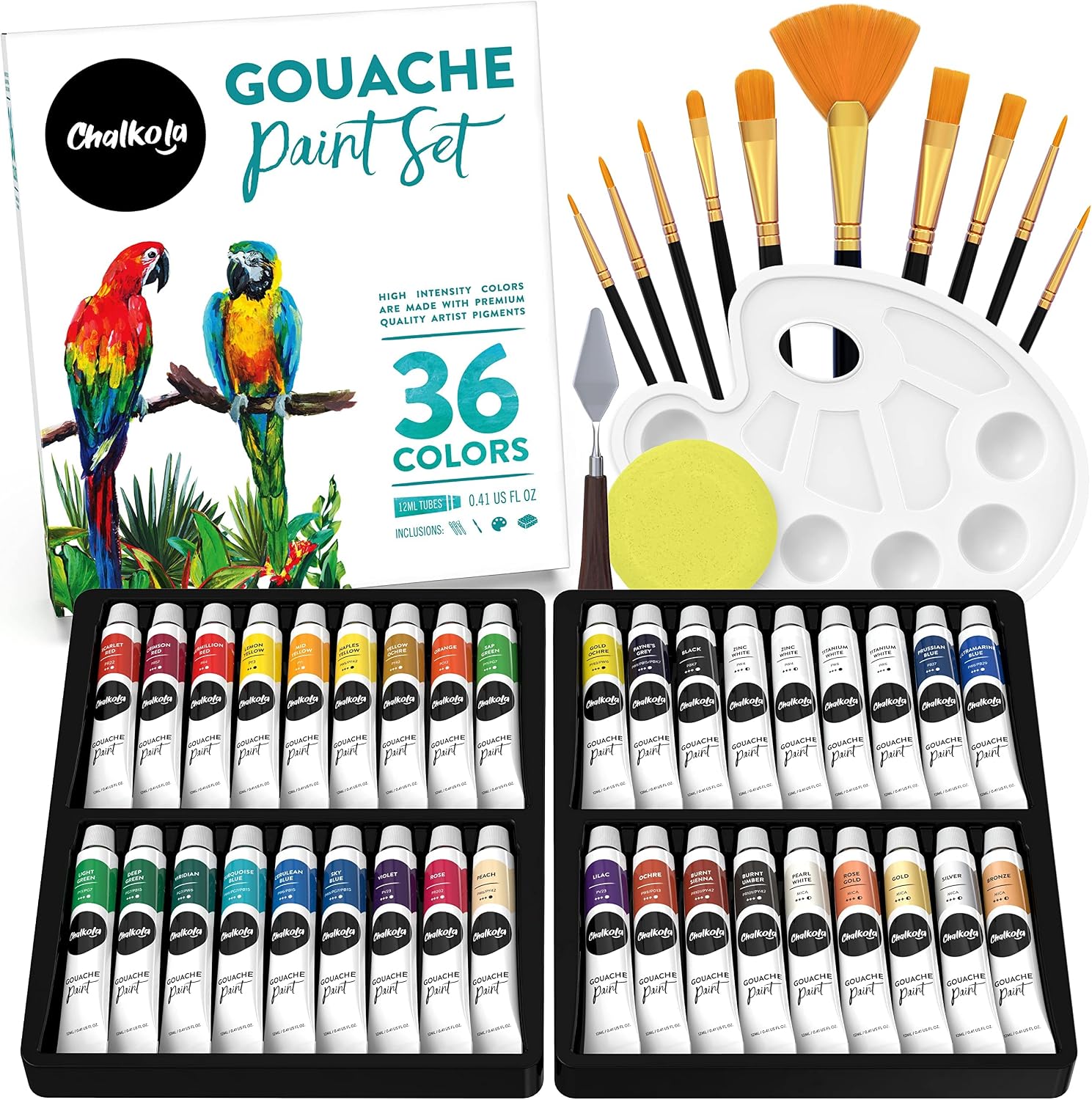 Chalkola Gouache Paint Sets for Artists, Adults & Kids - 36 Gouche Tubes (0.4oz, 12ml), 10 Painting Brushes, Knife, Sponge & Palette - Guache Watercolor Paint in Classic, Pastel & Metallic Colors