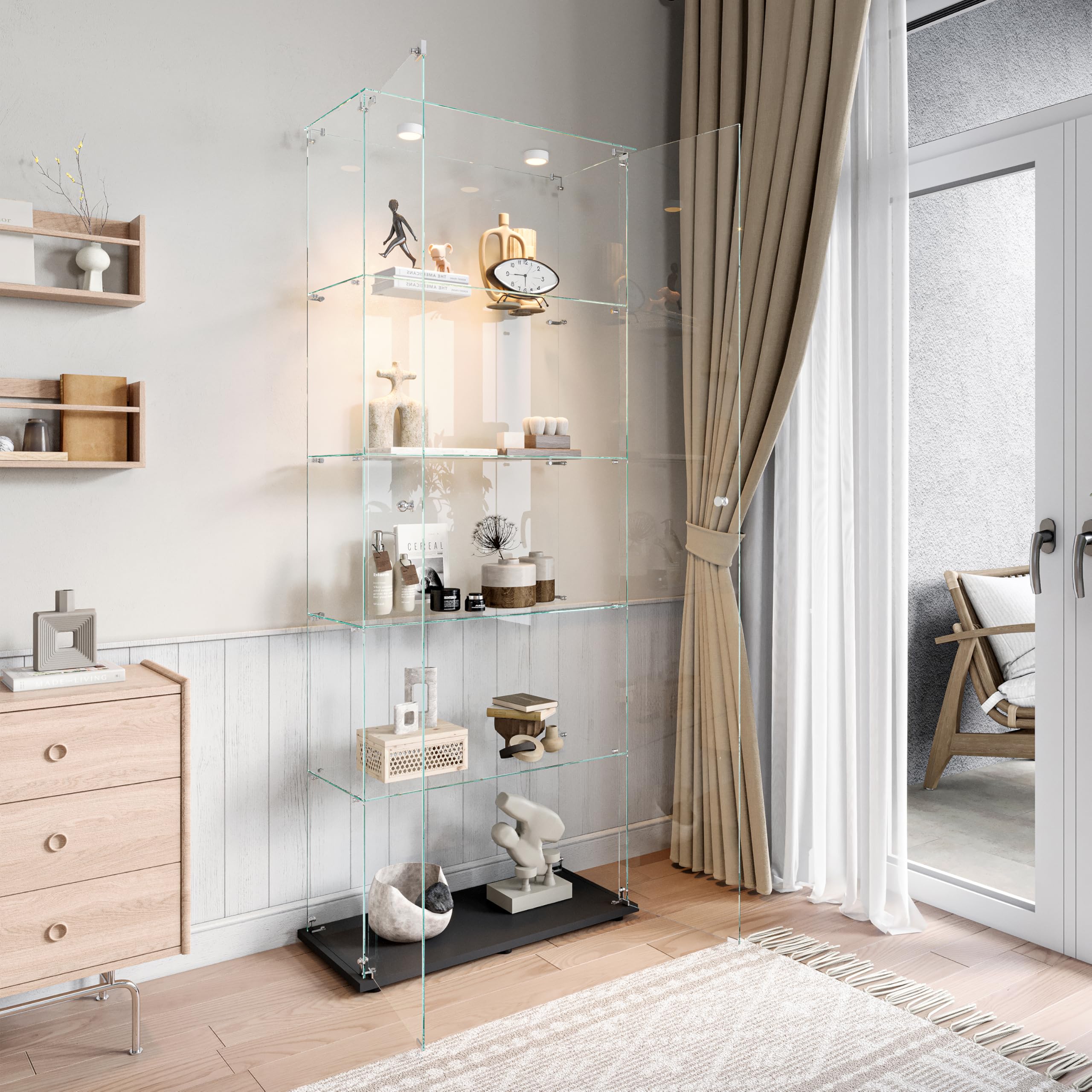 BRILVERDE Vitrina de cristal LED, mueble expositor de 5 estantes y puerta con cerradura, vitrina para colecciones, libros, modelos, botellas, salón y oficina (negro, 186 x 78 x 34 cm)