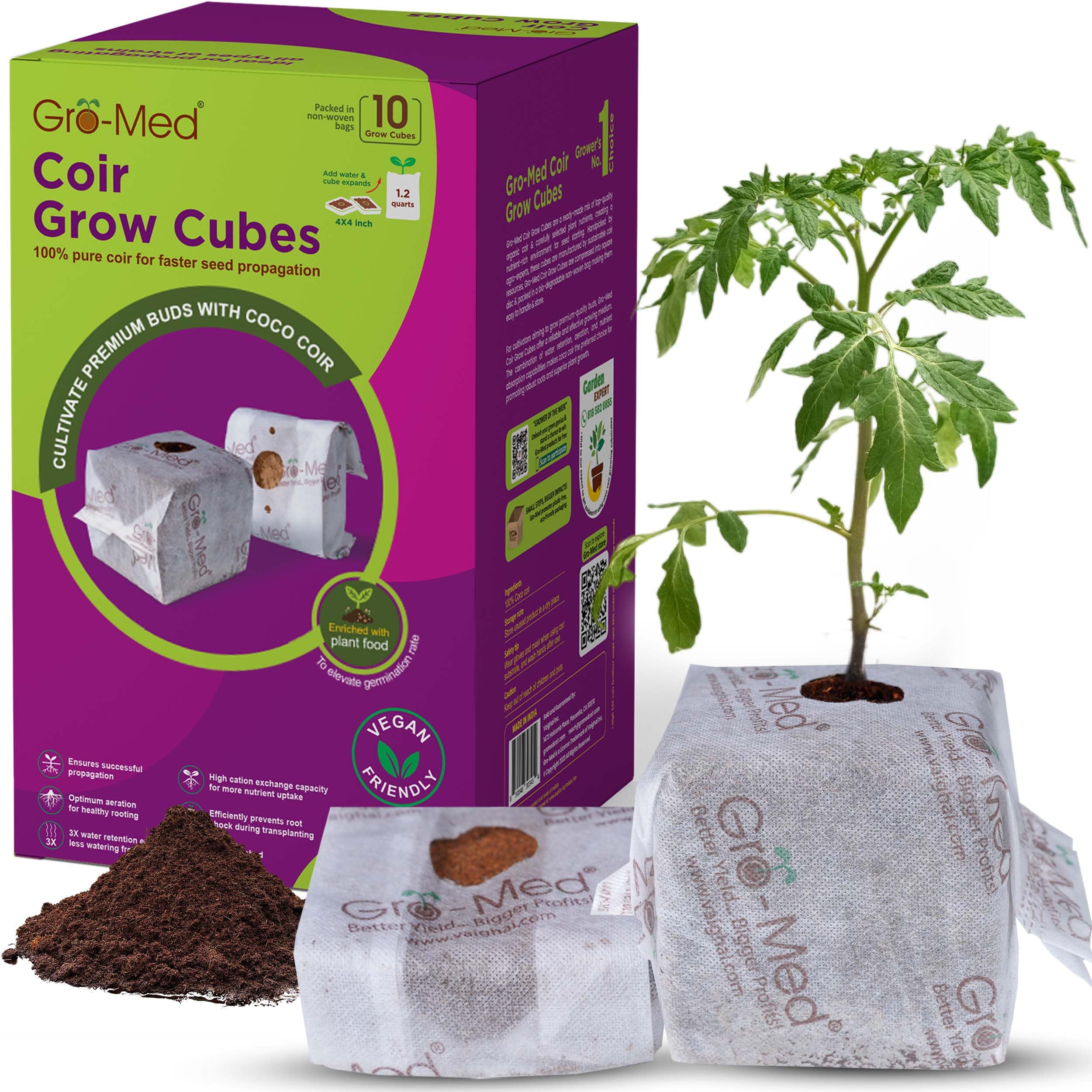 Gro-Med Coco Coir Seed Starter Cubes NPK Enriched for Herbs, Flowers, Vegetables organic Coco 4 Inch Plugs Perfect for Cloning, Cuttings, Propagation - 10 Cubes- Best Alternative to Peatmoss, Rockwool