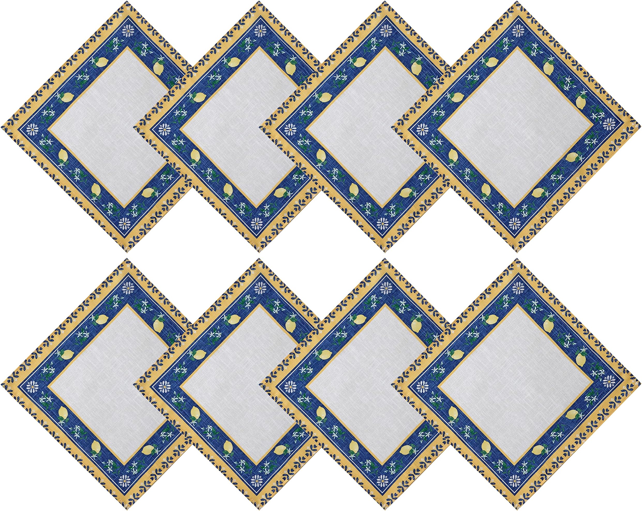 Home Bargains PlusProvence Blue Lemon Mediterranean Garden Country French Fabric Napkins , Indoor Outdoor, Stain and Water Resistant, Wrinkle Free Napkins, Set of 8 Napkins