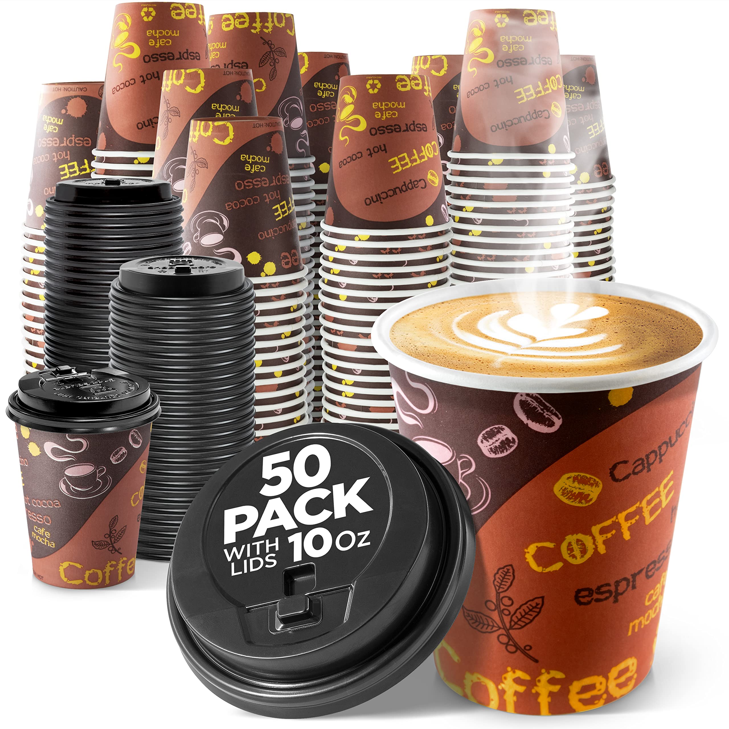 Shop Square Disposable Coffee Cups with Lids 10 oz (50 Pack) - To Go Paper Coffee Cups for Hot & Cold Beverages, Coffee, Tea, Hot Chocolate, Water, Juice - Eco Friendly Cups