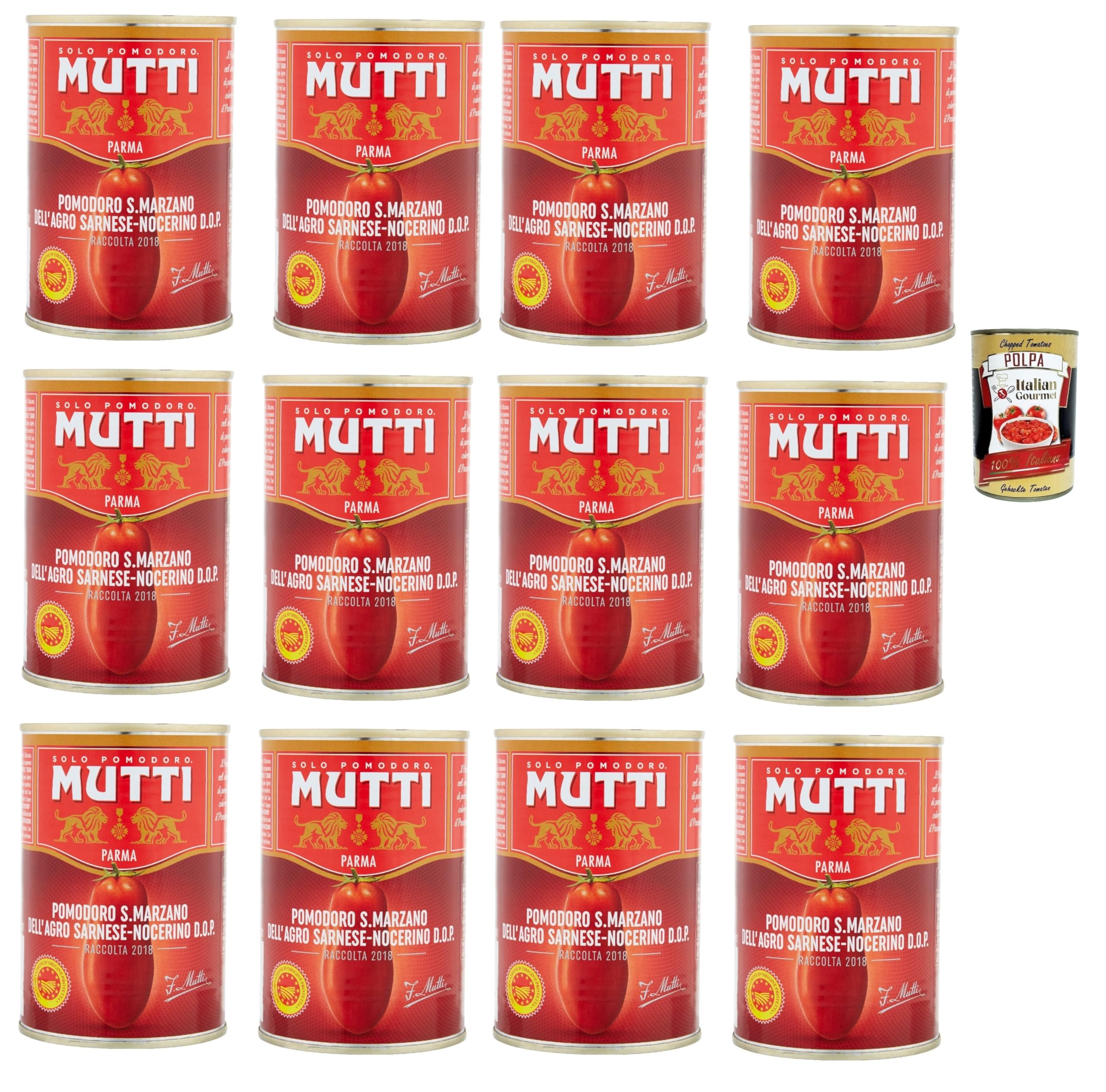Italian Gourmet Pelati San Marzano DOP geschälte Tomaten in Dose 12 x 400g | Pomodori interi aus Italien, fruchtig und aromatisch für Sauce, Pizza, Gesamtnettogewicht 4,8 kg + Kostenlos Polpa 400g