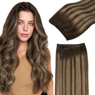 GOO GOO Sew In Hair Extensions Real Human Hair Thick, Add Volume 18In 100g | Double Weft Hair Extensions, 4/27/4 Balayage Chocolate Brown to Caramel Blonde, Remy Hair Durable Wedding Party Daily Wear