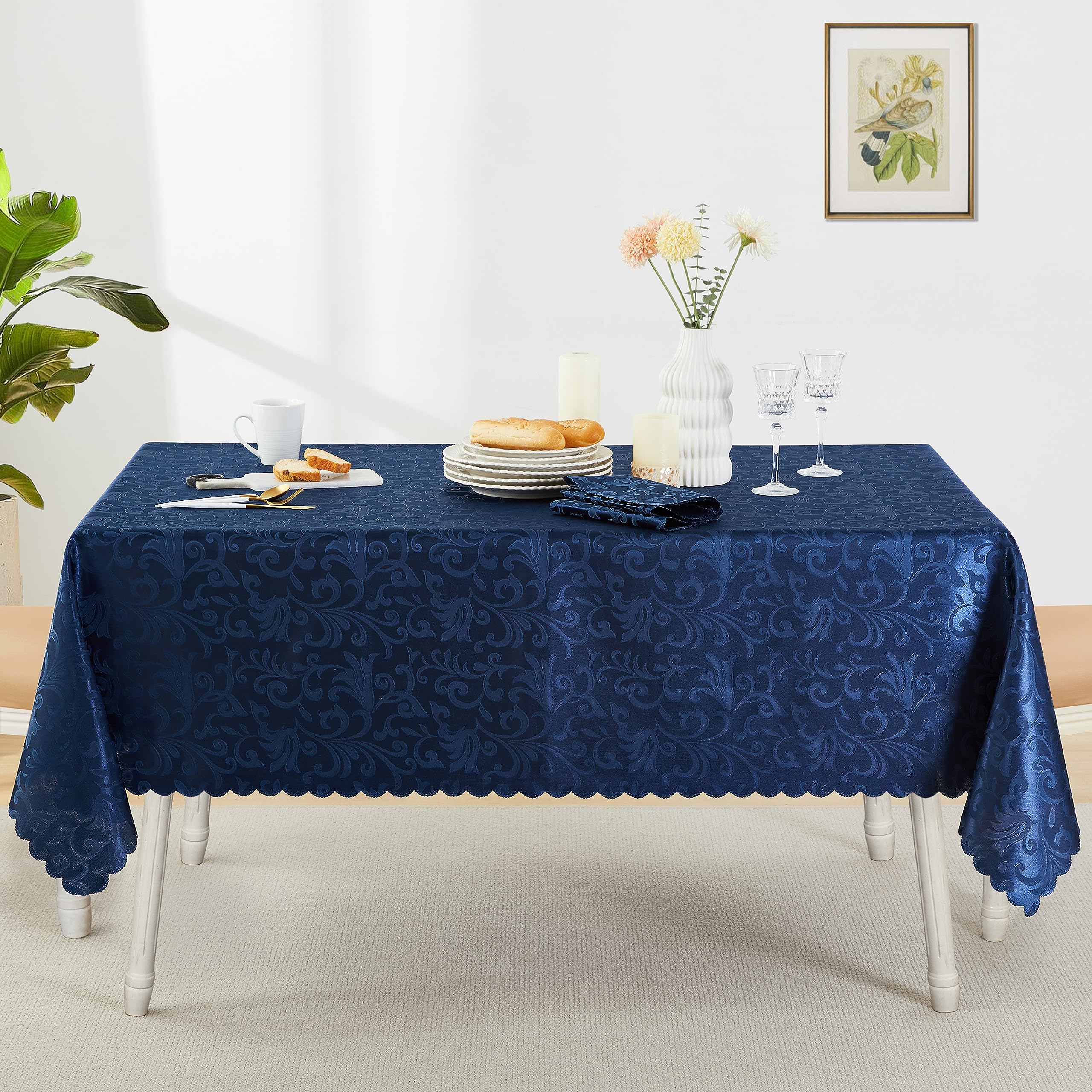 HommxJF Wave Scroll Damask Jacquard Rectangle Deep Sea Blue Tablecloth 60"x102"，Wipeable Table Cover for Dining Table, Buffet Parties and Camping