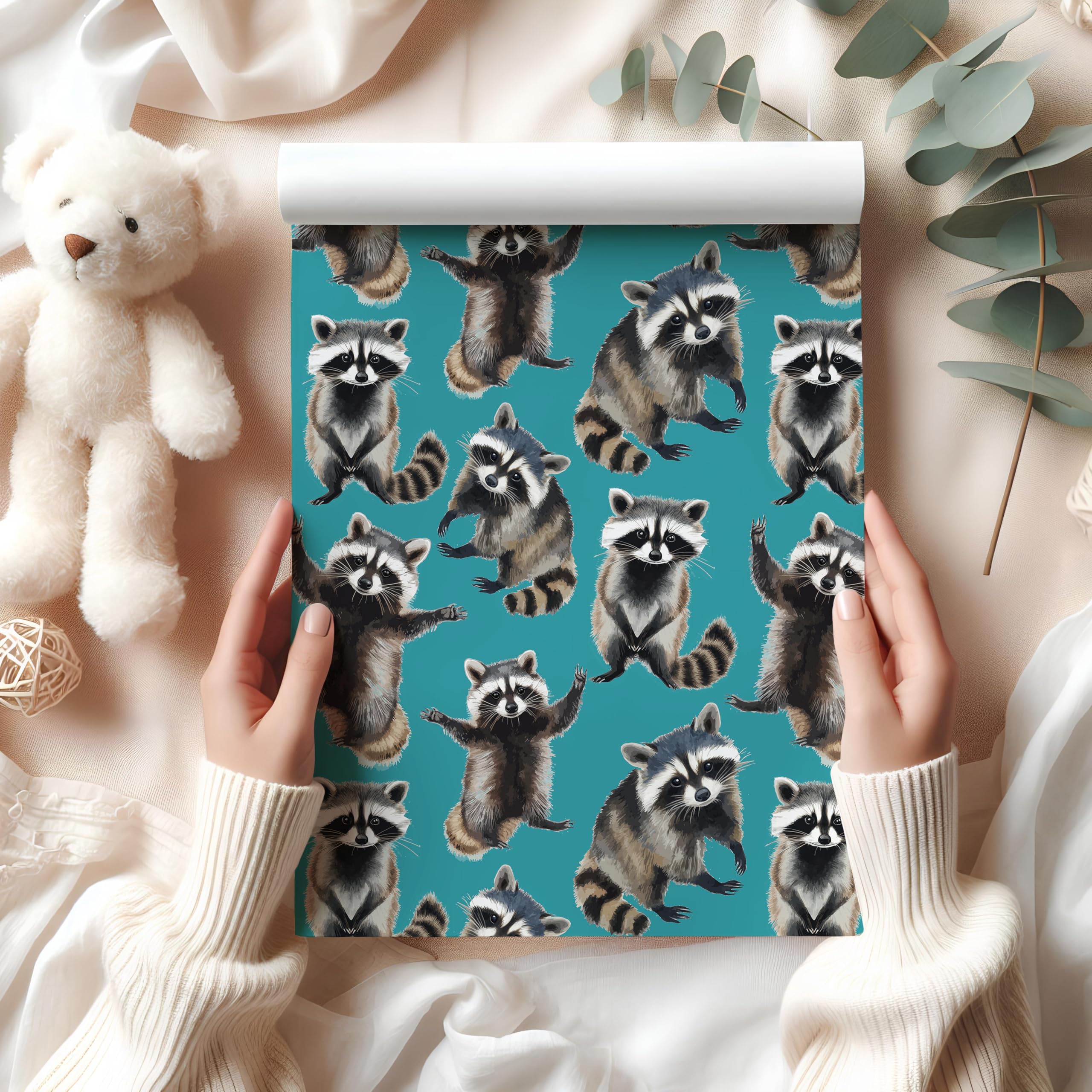 Cute Raccoon Wrapping Paper – Playful Woodland Animal Gift Wrap Sheet with Watercolour Style Raccoons – Birthday or Kids Gift Wrap – W68 (Teal, Medium Sheet - 42 x 58cm / 15.7" x 22.8" inches)