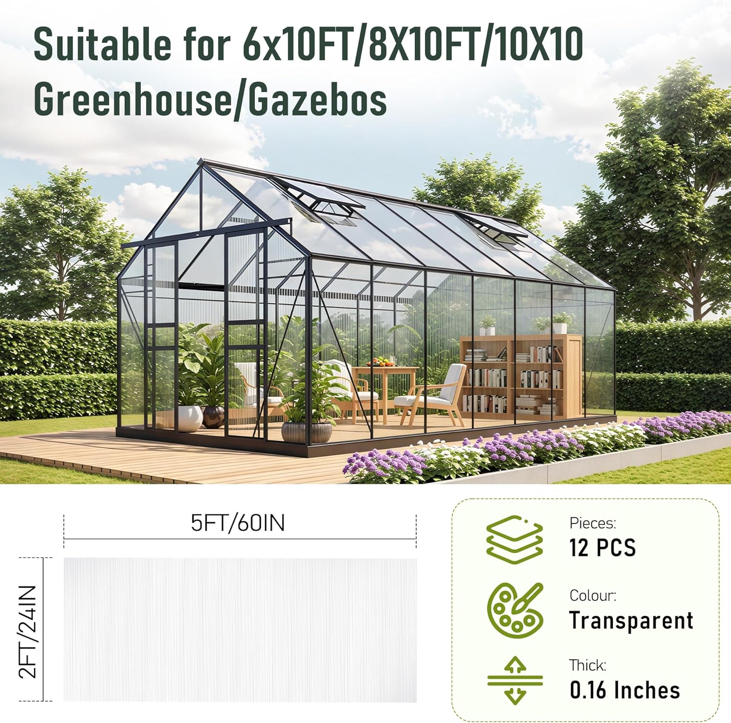 Bezseller 12 Pack 5'x2' Polycarbonate Greenhouse Panels, 0.16" Twin-Wall Sheets, UV Resistant & Weatherproof Clear Roofing for Greenhouse and Outdoor Projects