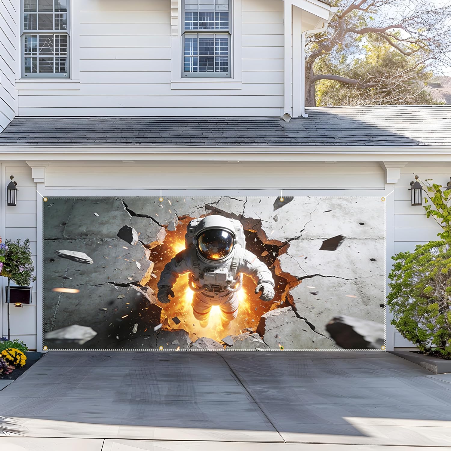 Garage Door Banner Astronaut Break Wall Design Outdoor Garage Door Cover for Home Decoration
