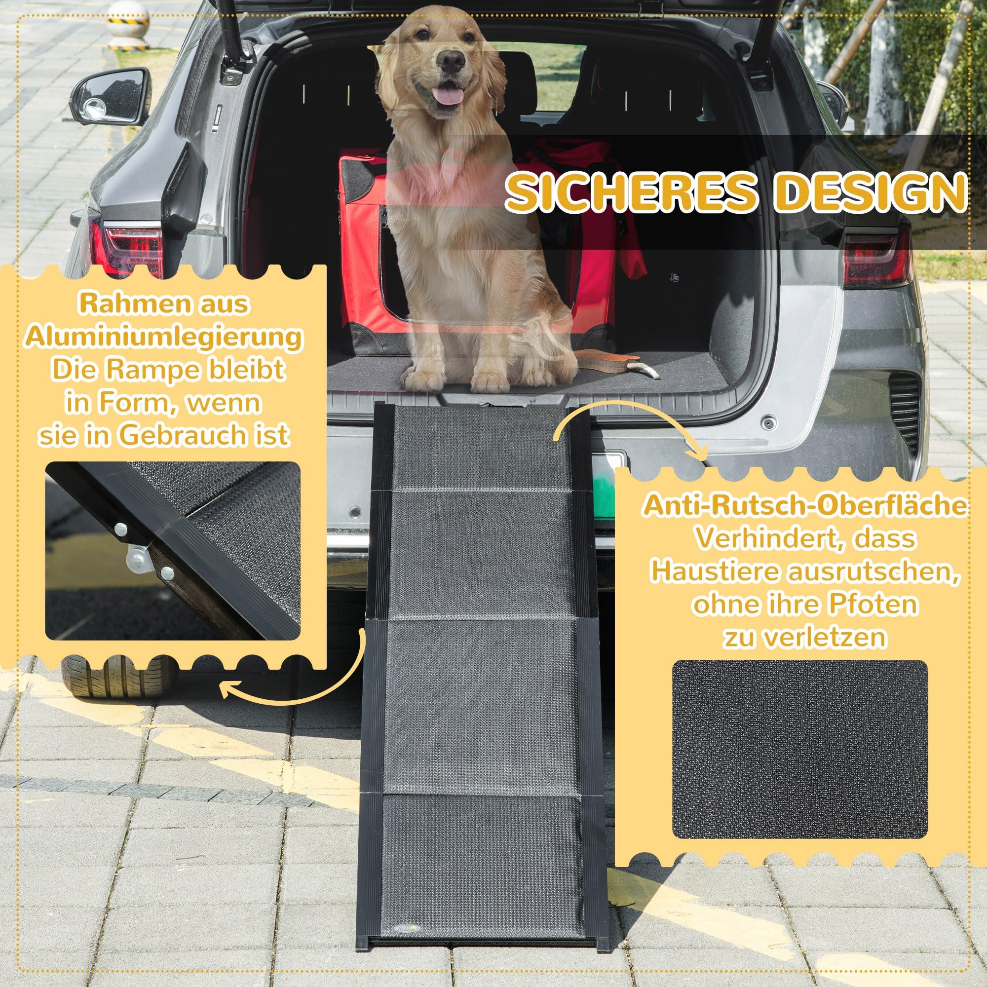 PawHut Hunderampe klappbar Hundetreppe Auto & SUV rutschfest Einstiegshilfe für Kofferraum, 158x43,5cm, Hundeautorampe für große Hunde bis 40 kg Schwarz