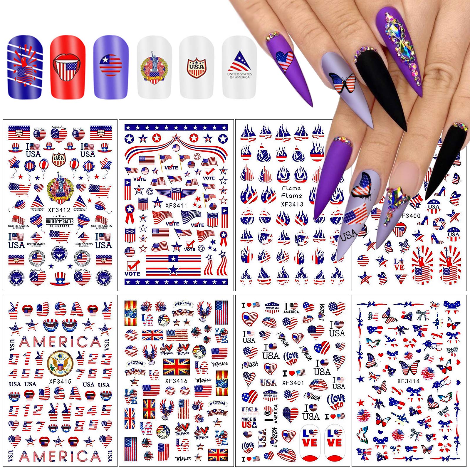 Kalolary8Pcs American Flag Nail Art Stickers I Love America Self Adhesive Nail Art Decals Set USA Heart Butterfly Star Designs for DIY Patriotic Nails Art Supply