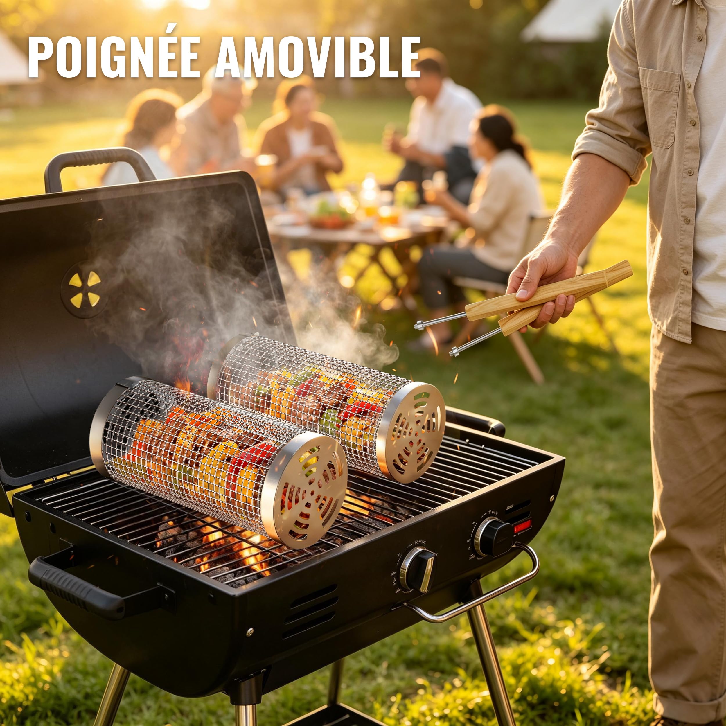 Panier à Barbecue Roulant, 2 Pièces, Acier Inoxydable 304, Poignée Bois Détachable, Accessoire Barbecue, Ustensiles de Cuisine Extérieur Camping, Cadeau Anniversaire Homme Papa Original Utile