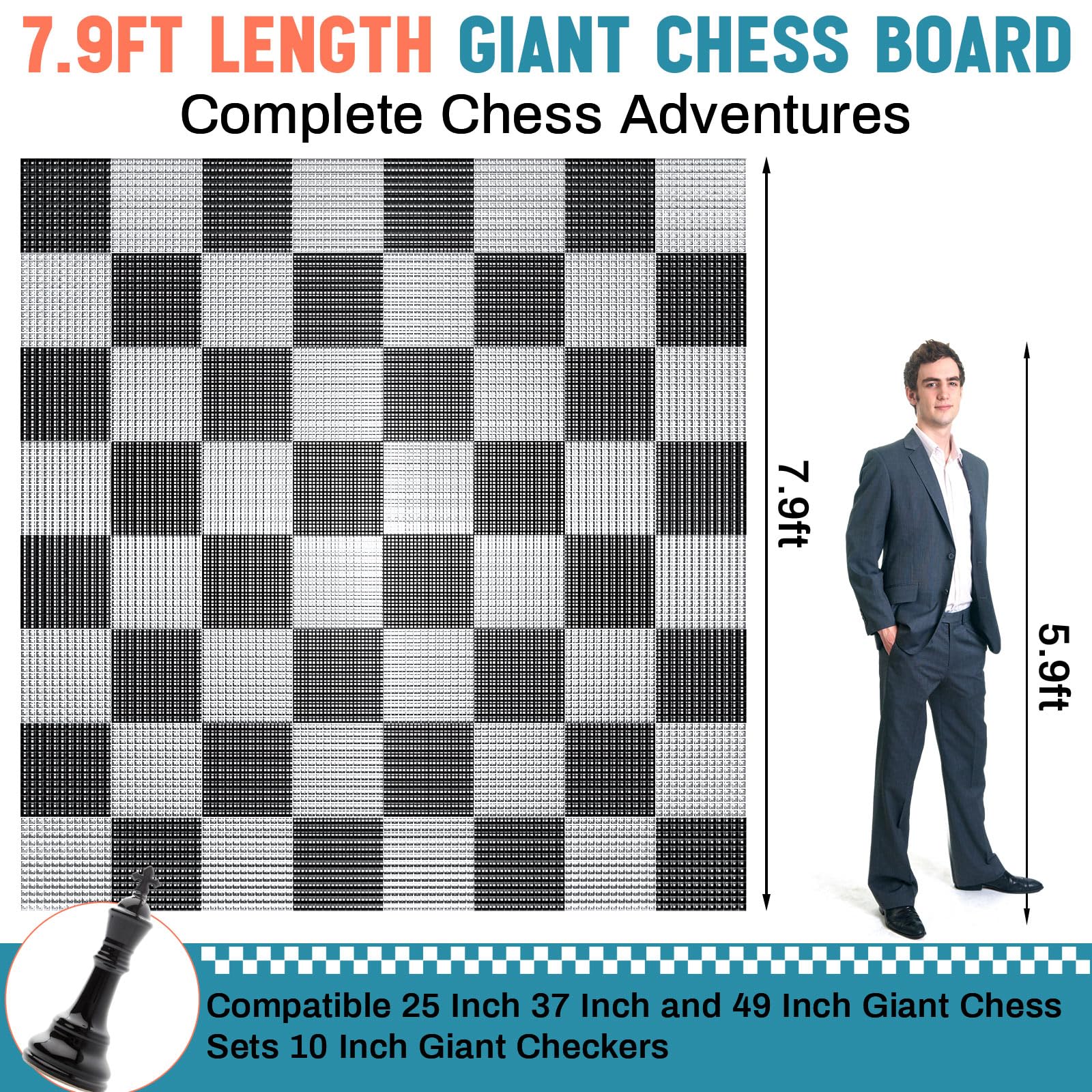 Yuxung 7.9*7.9ft Giant Chess Board, Chess Not Included, Plastic Giant Mat for Outdoor Yard Lawn Games, Compatible with 25 Inch 37 Inch 49 Inch Chess Sets and 10 Inch Checkers