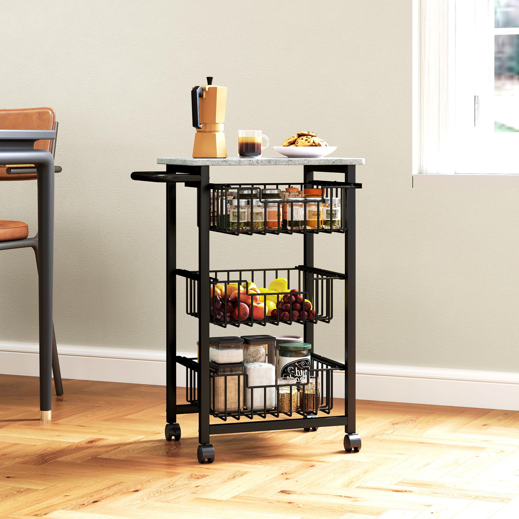HOMCOM Carrello Cucina a 4 Ripiani, Carrellino Cucina Salvaspazio con Cestini Estraibili, Maniglia in Acciaio e Ruote a Freni, Carrello Portafrutta e Verdure, per Soggiorno Salotto, Grigio