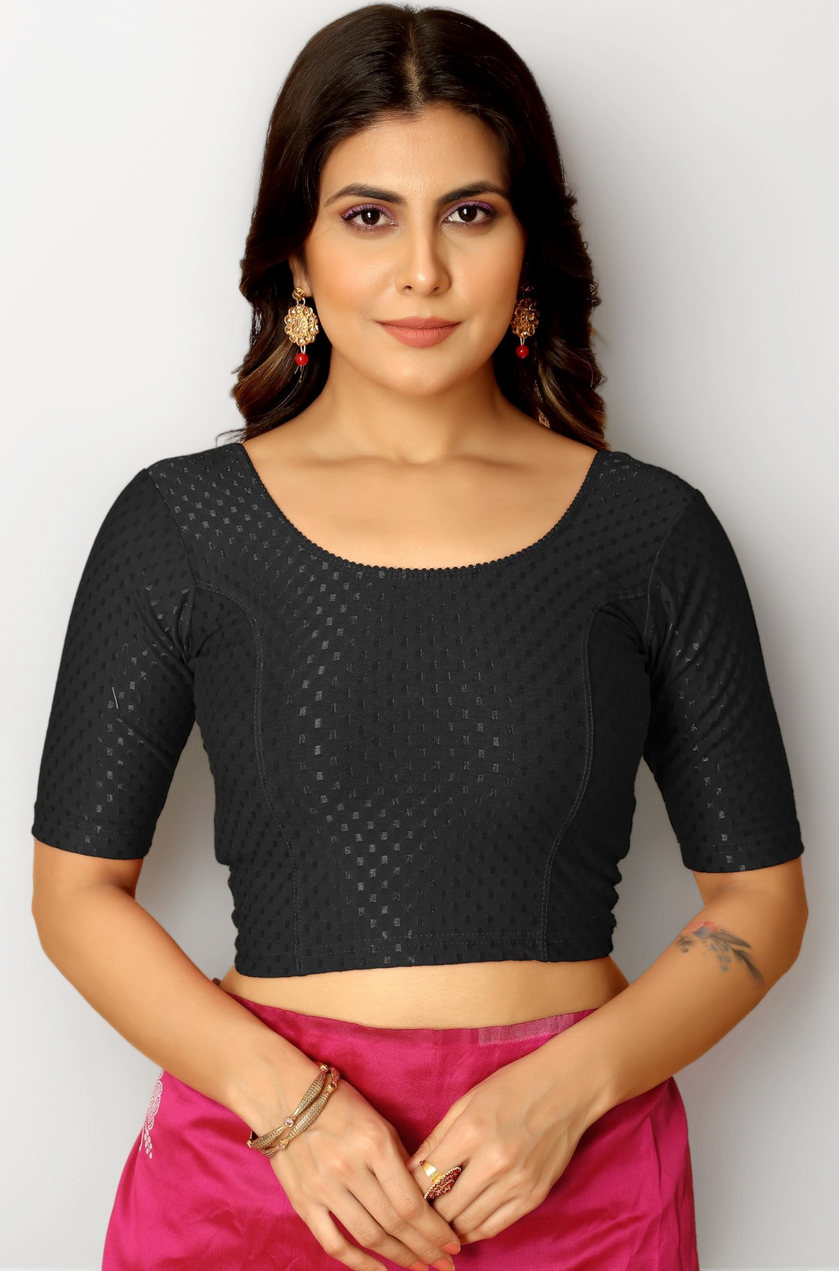 Round Neck Dobby Cotton Lycra Stretchable Elbow Half Sleeve Readymade Saree Blouse for Women Stylish