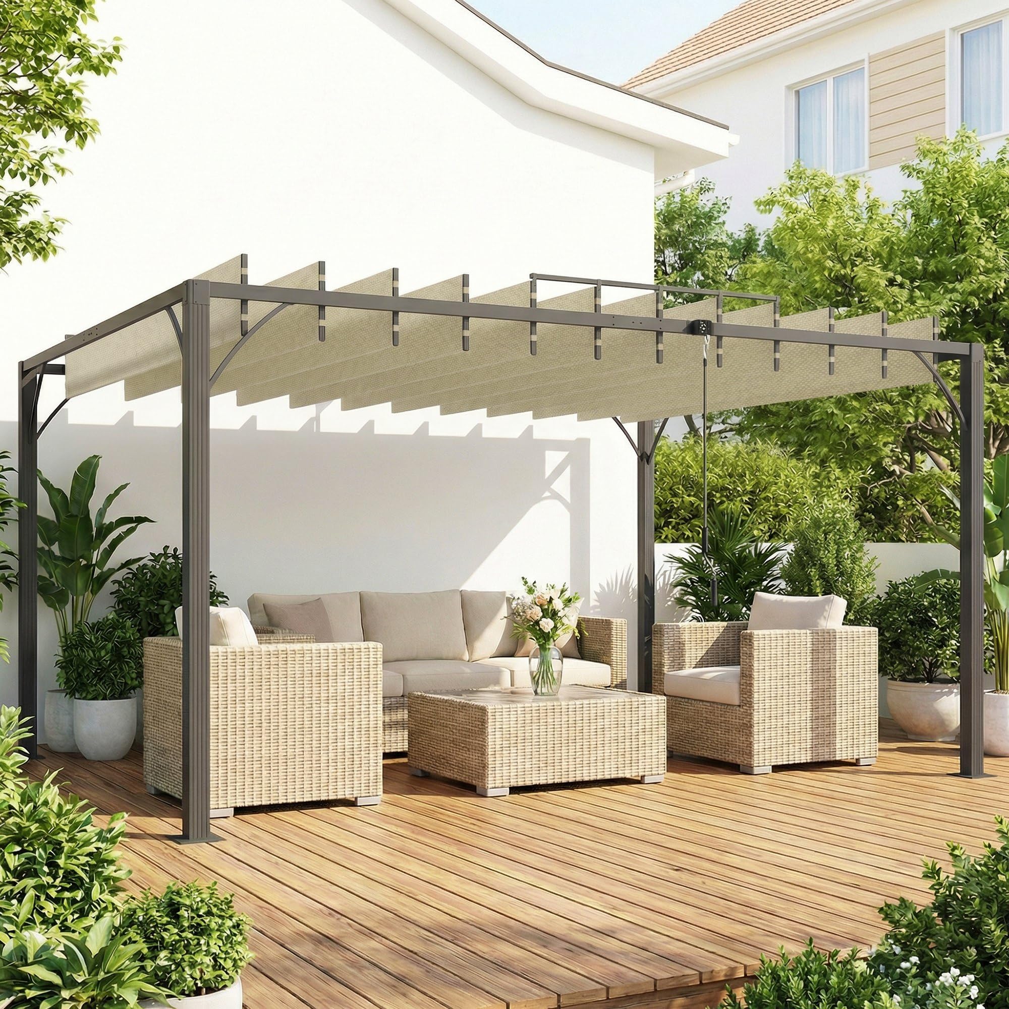 Outsunny Pérgola de Jardín 3x4 m, Cenador de Jardín con Techo de Lamas Orientables a 135°, Columna de Aluminio, Vigas de Hierro, Protección UPF30+, Pabellón para Exterior, Patio, Terraza, Blanco Crema