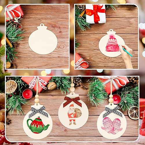 Miniatura 3 de OurWarm 50 adornos de Navidad de madera para manualidades, adornos redondos de madera sin terminar de 4 pulgadas con lazos y cuentas a cuadros de