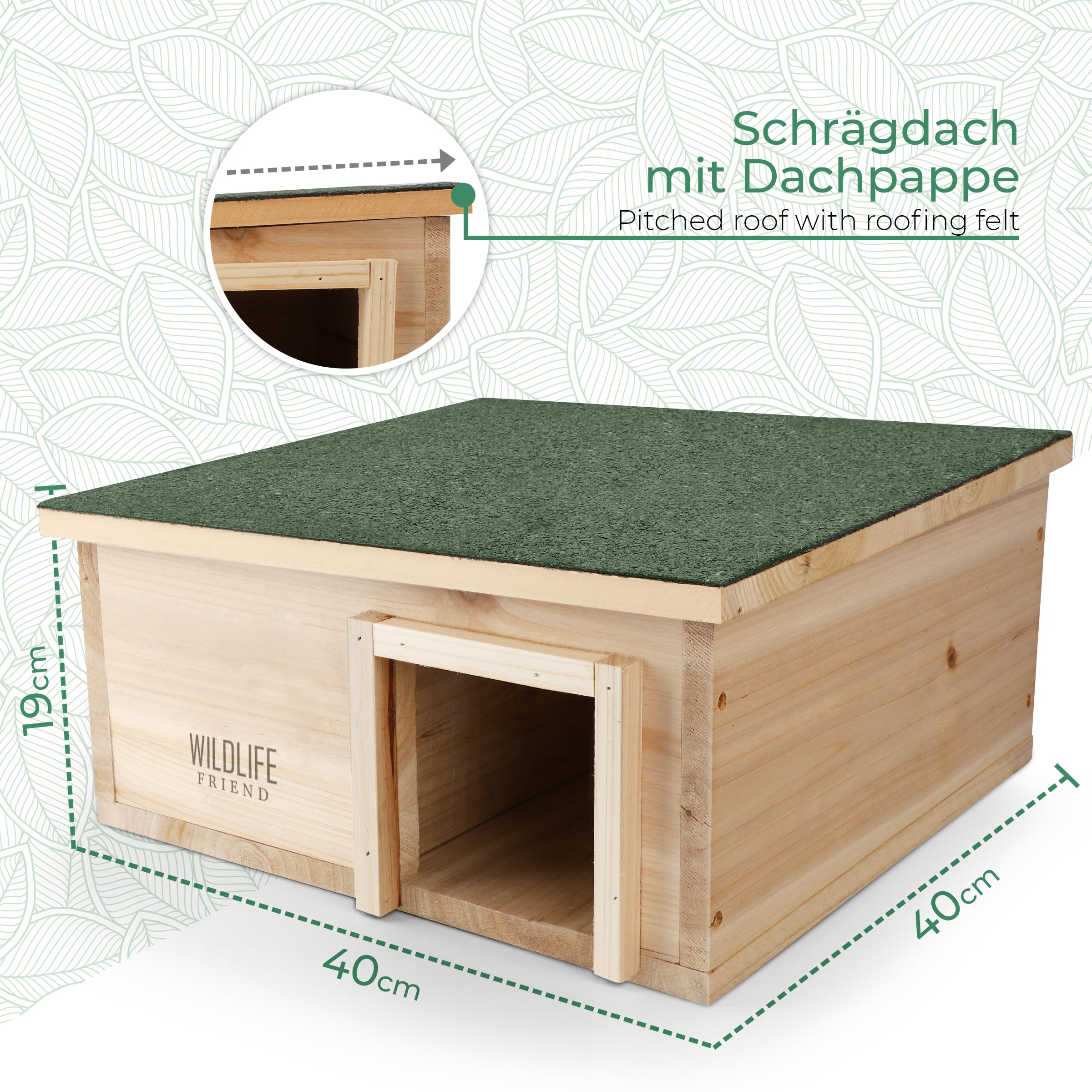 WILDLIFE FRIEND Igelhaus Winterfest Mit Boden Aus Holz - Wetterfestes Igelfutterhaus Mit Labyrinth-Eingang Und Rattenklappe - Katzensicheres Igel Winterquartier 40 x 40 x 19 cm Für Garten
