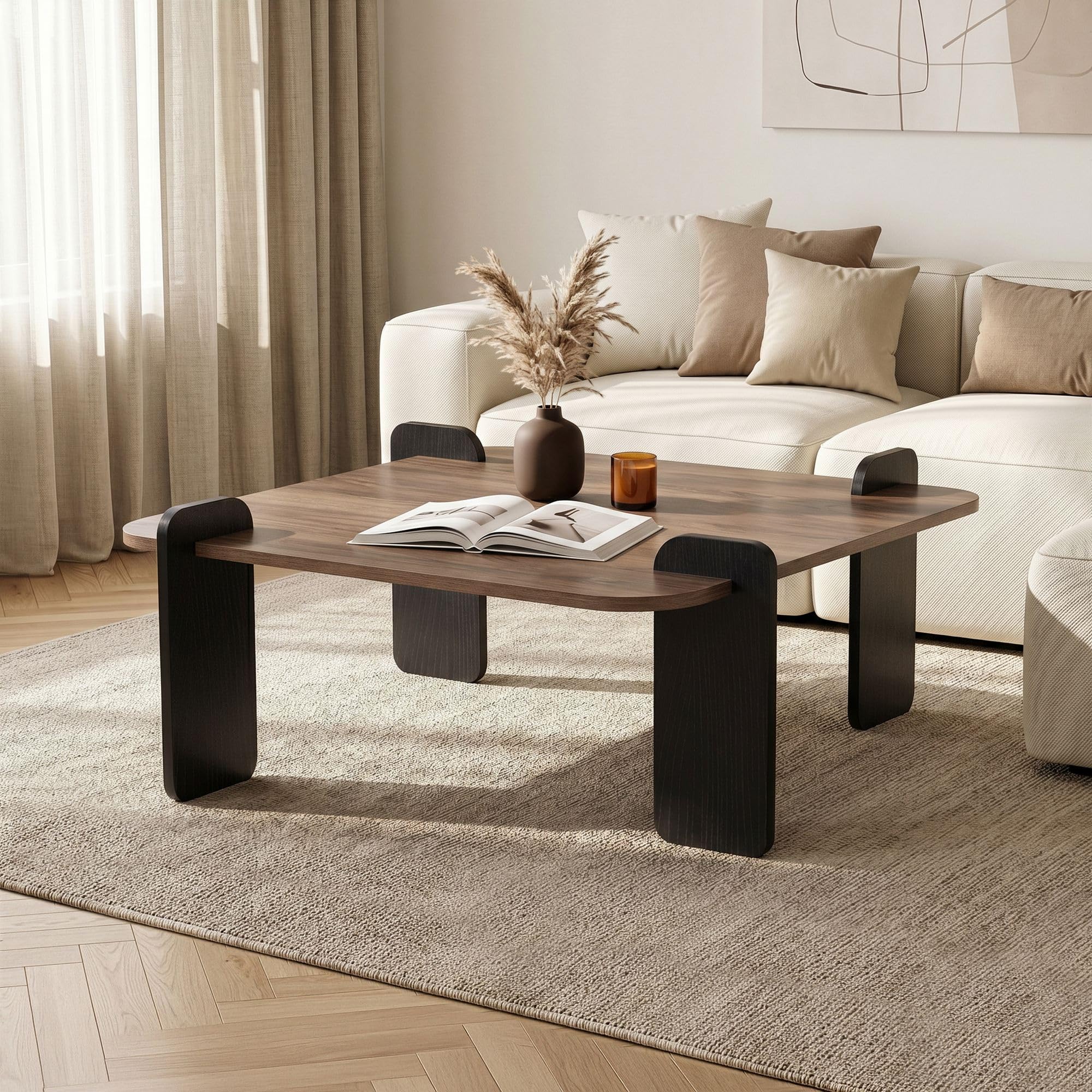Stilvoller Couchtisch, Walnuss & Holz Schwarz, 90 x 35 x 90 cm | 100% melaminbeschichtet, 18 mm stark | Werkzeuglose Montage