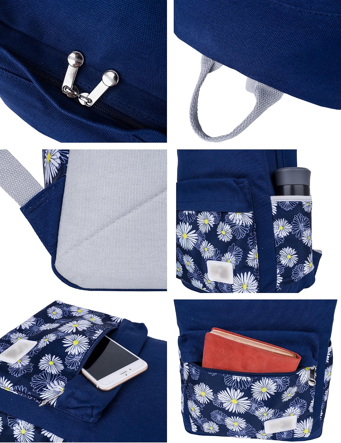 Leaper Casual Style Daisies Lightweight Canvas Laptop Bag Cute Backpack Shoulder Bag Pencil Bag 3PCS Set(Dark Blue)