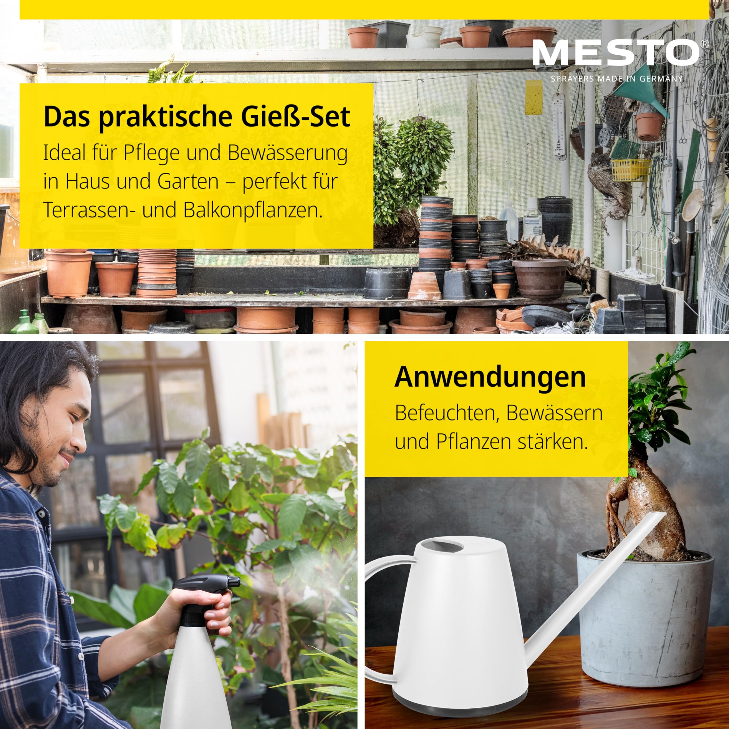 MESTO Lucky Snow Gießkanne 1L Set inkl. MINI Snow Handzerstäuber 0,79L | Sprühflasche & Giesskanne für Zimmerpflanzen & Garten | Bewässerung & Pflanzenpflege | Verstellbare Düse | Indoor & Outdoor