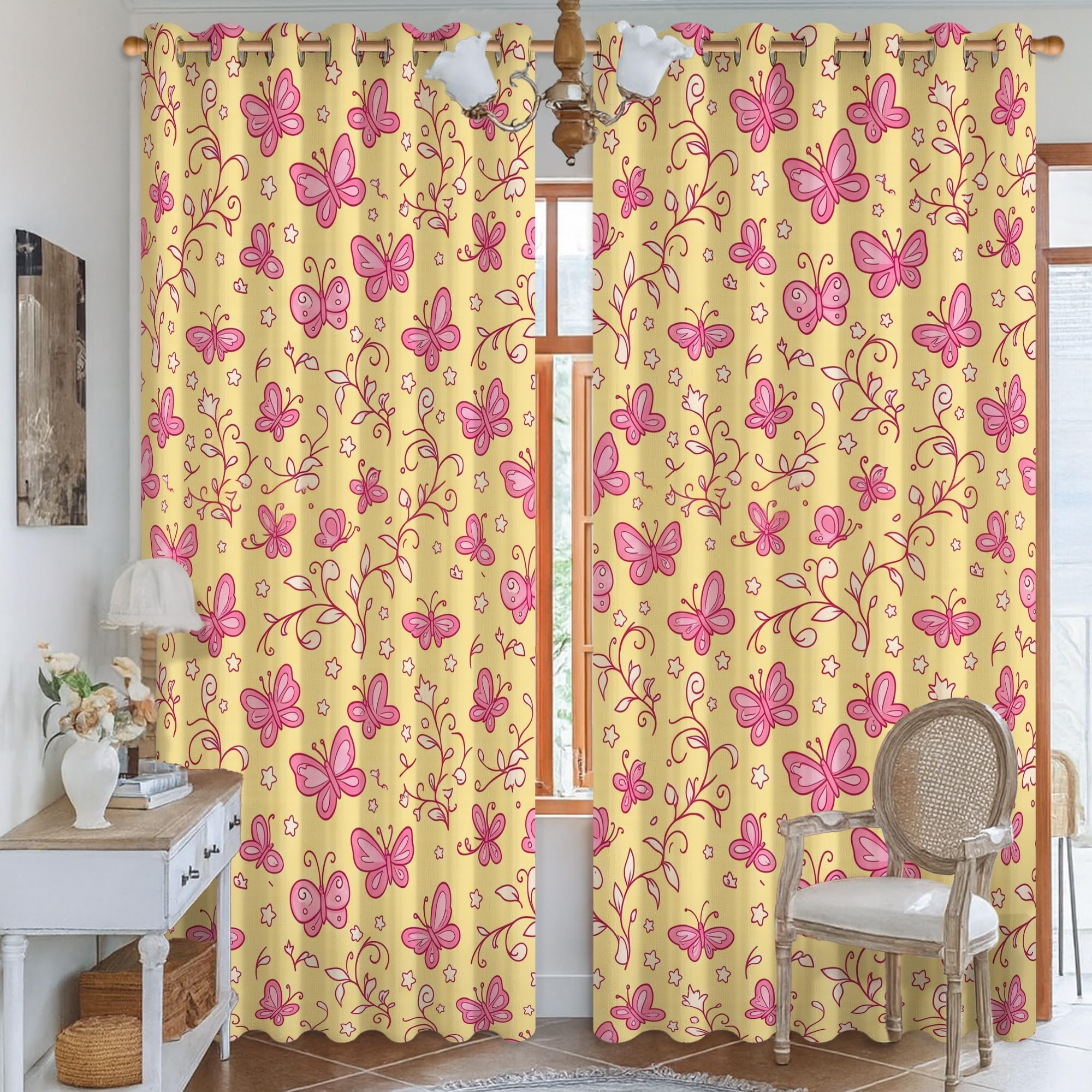 Rideaux occultants jaune printemps 132x213cm motif papillon fleurs pour chambre coucher