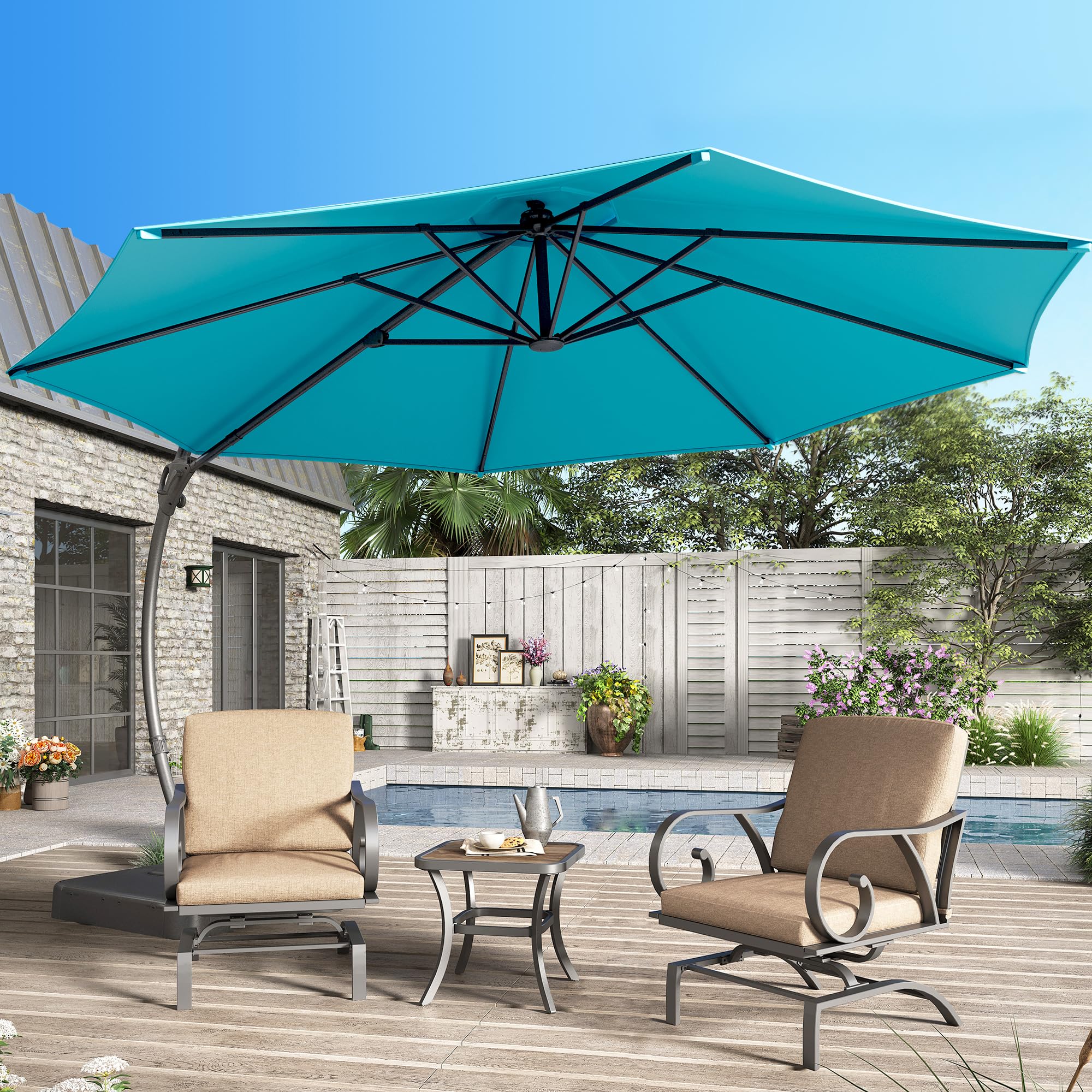 LAUSAINT HOME Outdoor Patio Umbrella with Base Included,11ft Large Deluxe Curvy Cantilever Umbrella Offset Umbrella with 360° Rotation for Pool Garden, Deck Market (Turquoise Blue)