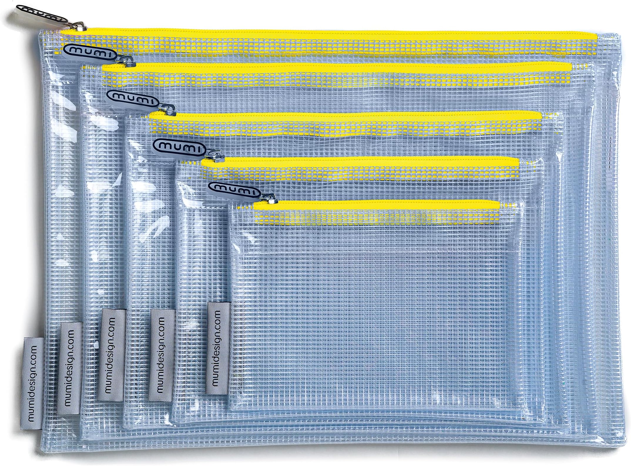 5 Multi-Size Organizing Bags – Clear Zipper Pouches with 10 Labels – Reusable Waterproof Mesh Storage Bag, Small Zipper Pouches for Travel, Supplies, Toys, Puzzle Bags & Organization (Yellow)
