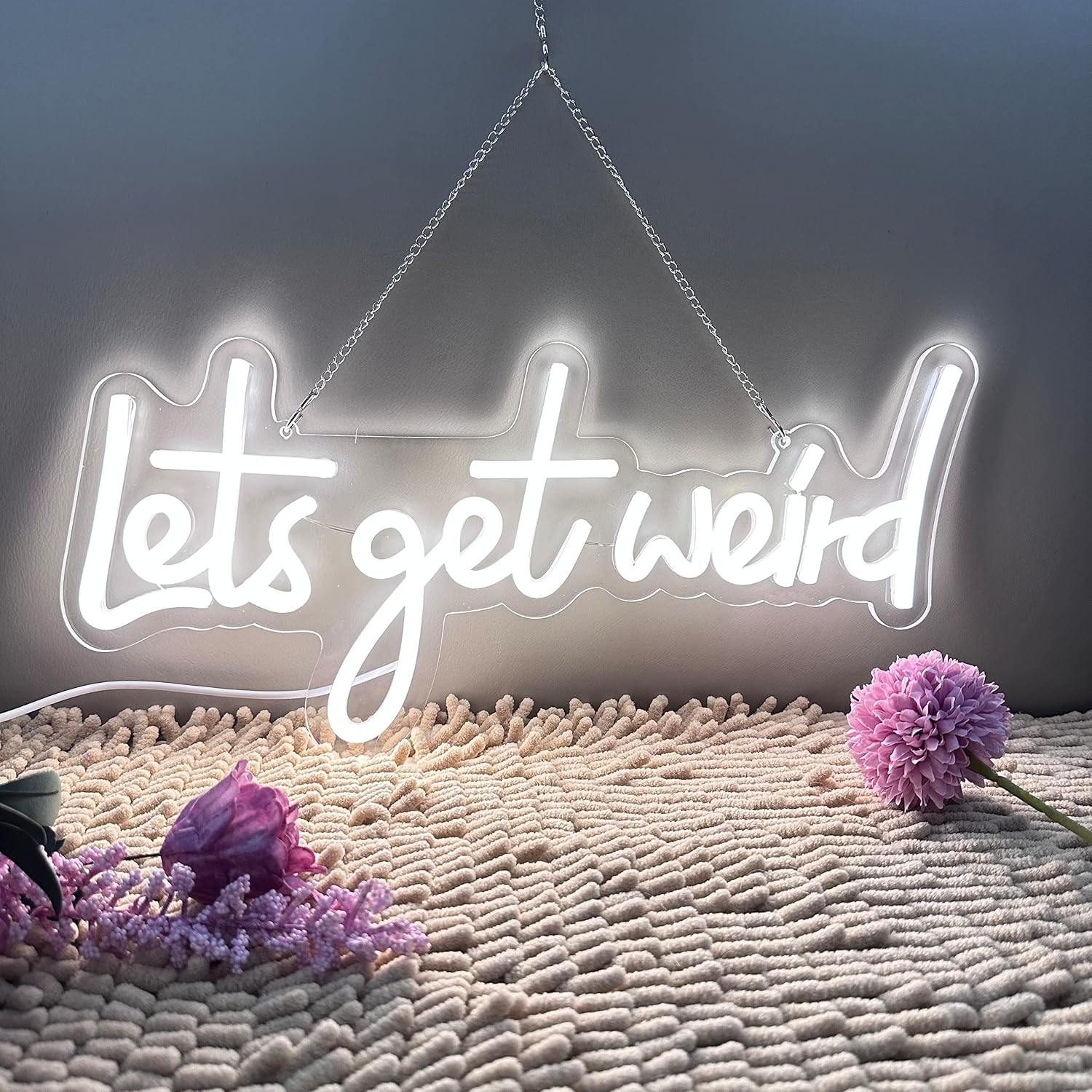 Let's Get Weird White Neon Sign with USB Charging Port and Dimmable Switch,Hanging Neon Signs Night lamps for Wall Background Room Aesthetic Decor, 16x8 in