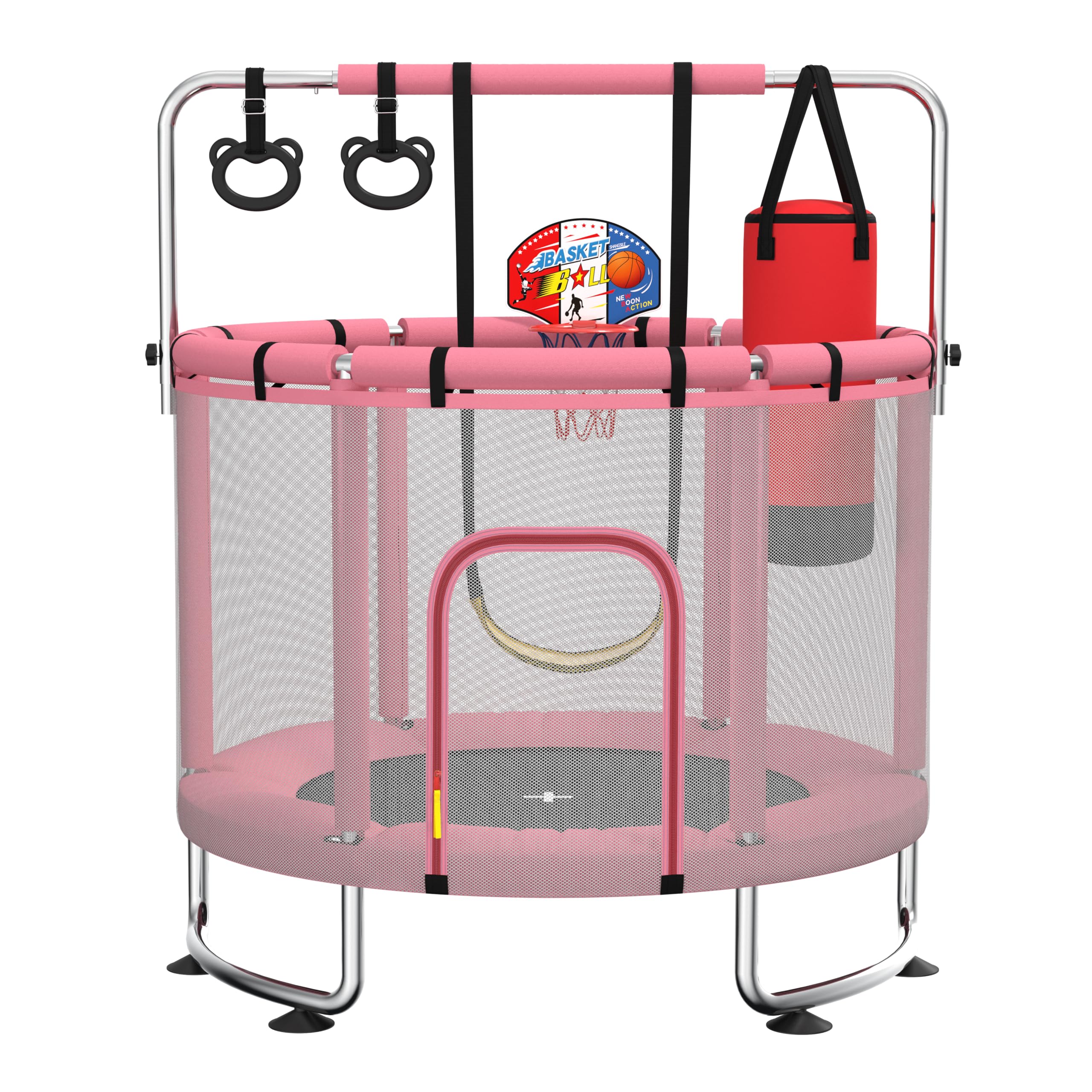 Trampoline pour Enfants 140 cm intérieur/extérieur – Charge maximale 50 kg avec Filet de sécurité, Barre de Gymnastique réglable et Panier de Basket, Cadeau pour garçons et Filles