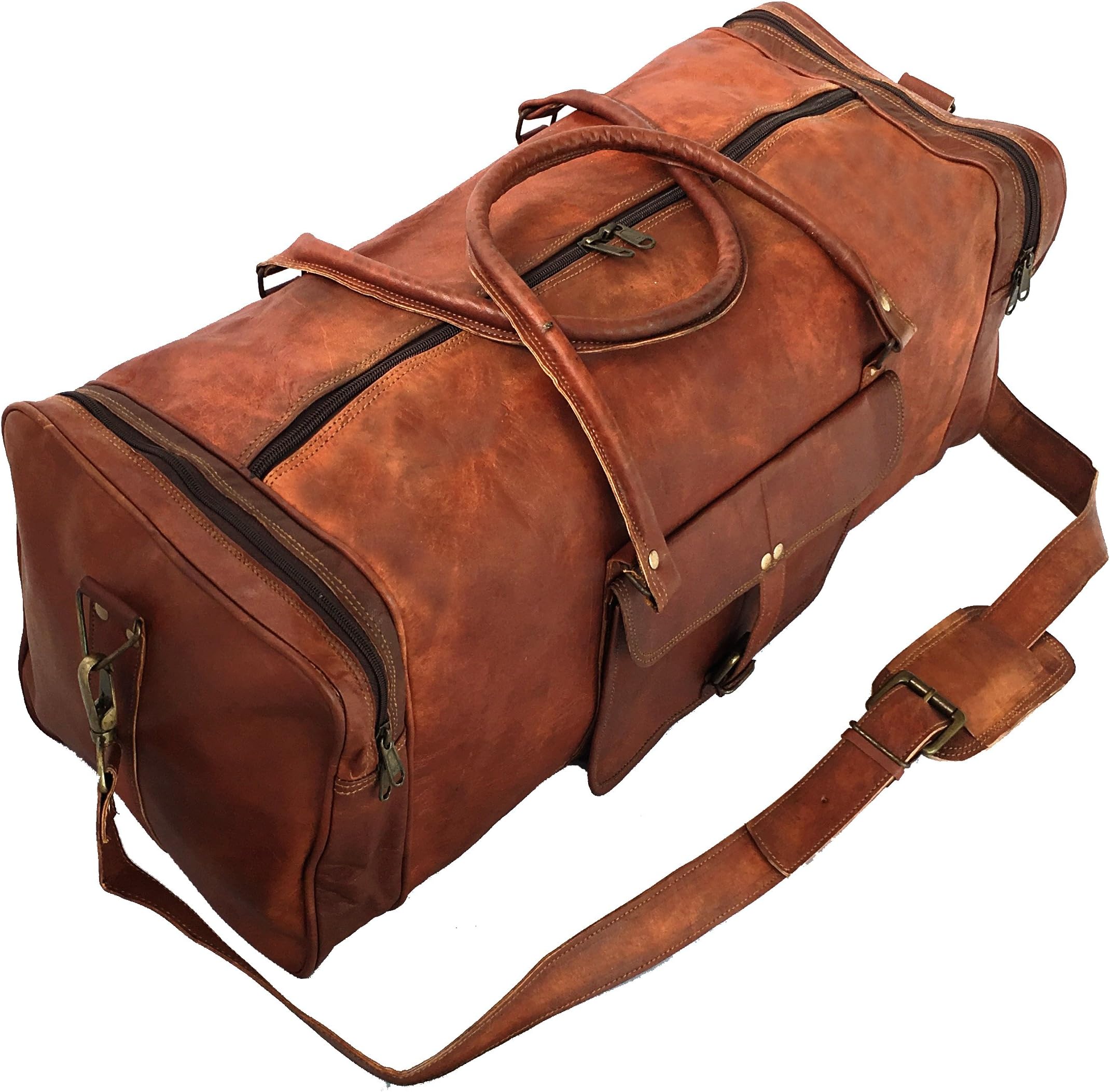 Leather duffel bag large 24 Inch Square Duffel Travel Gym Sports Overnight Weekender Leather Bag for men and women by VC Vintage Couture