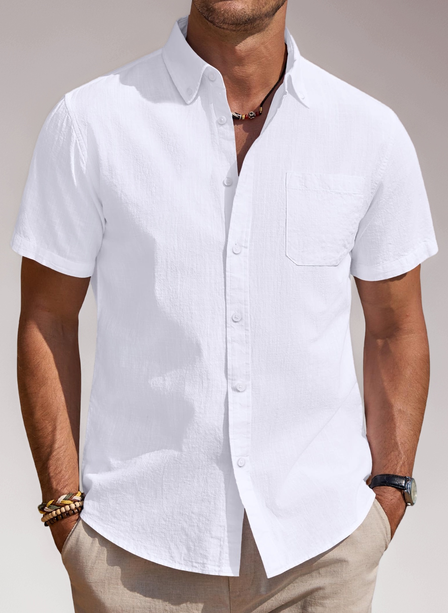 Men's Short Sleeve Linen Shirts Shrink Free Button Down Regular Fit Solid Shirt Casual Lightweight Summer Beach Shirts Tops with Pocket