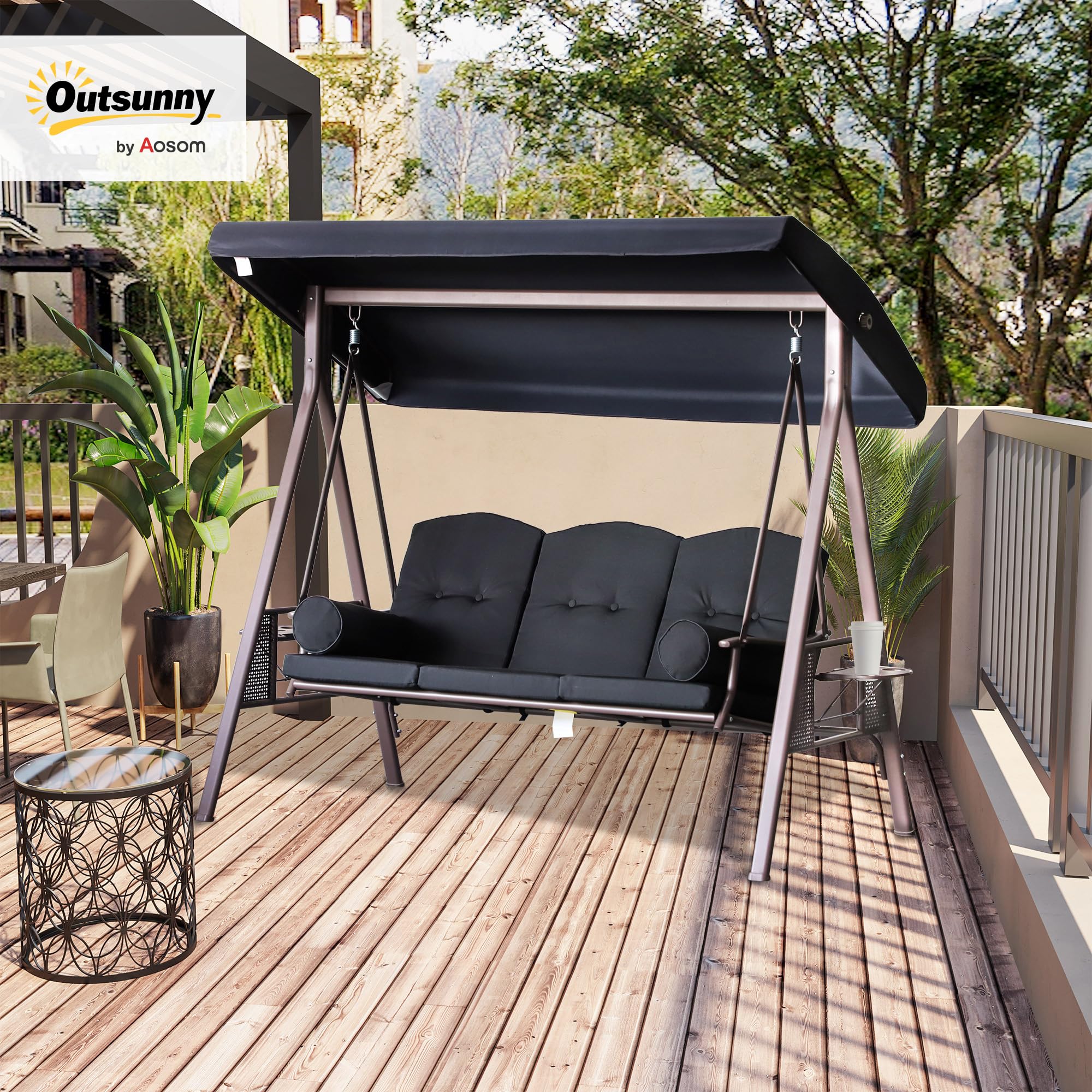 Outsunny Columpio de Jardín Exterior de 3 Plazas Balancín de Jardín Exterior con Toldo Ajustable Bandejas Laterales 2 Almohadas y Marco de Metal Carga 360 kg 208x121x172 cm Negro