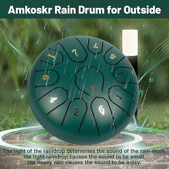 Rain Drum for Outside, 6 Inches 11 Notes Steel Tongue Drum C Major Steel Drum Instrument for Yoga, Meditation, Music Education, Gift(Green)